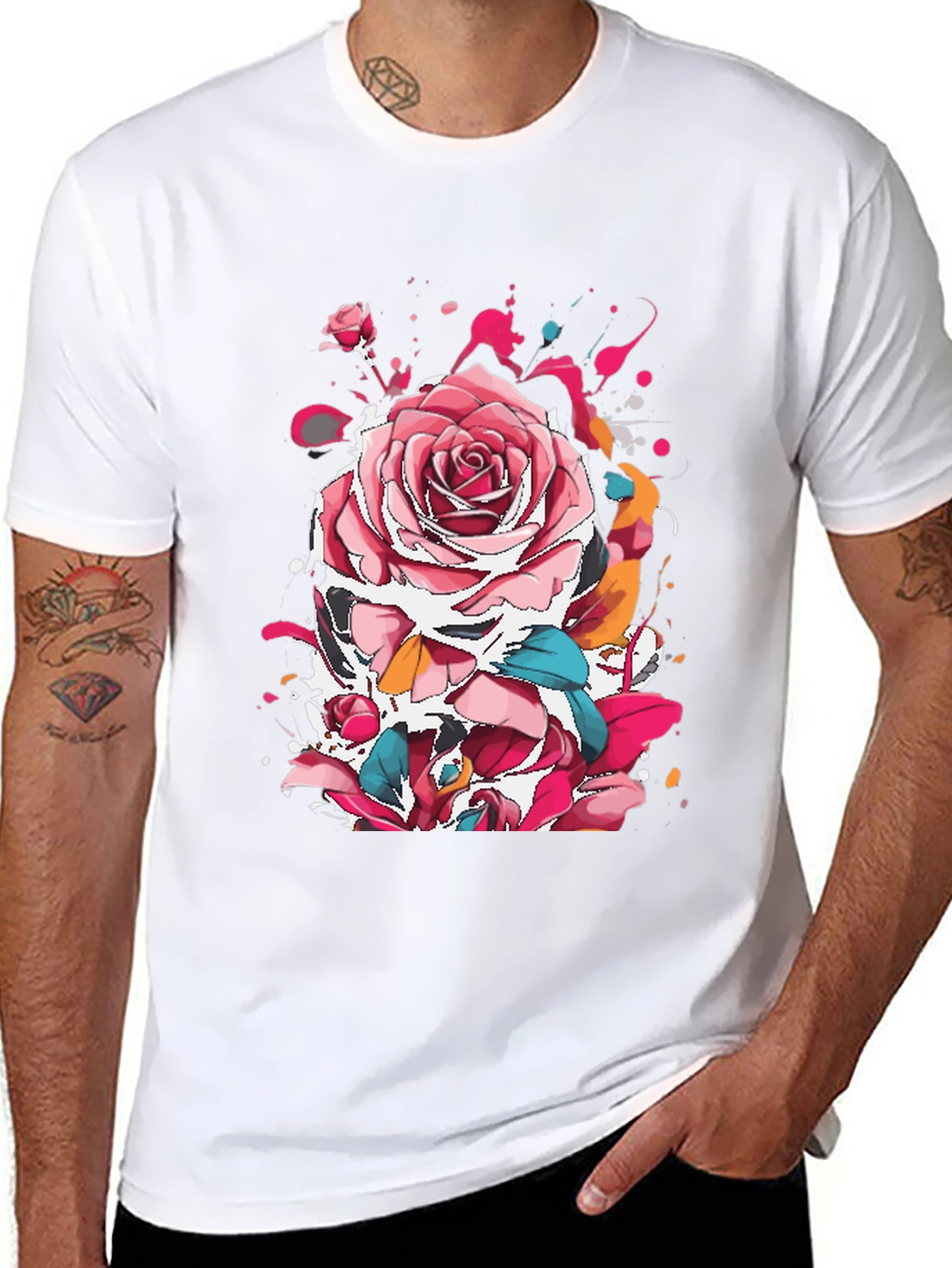 Rose Ink Splatter Graphic Black T-Shirt