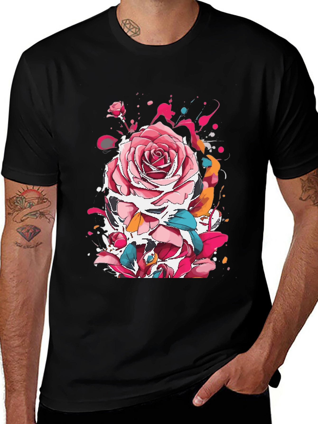 Rose Ink Splatter Graphic Black T-Shirt