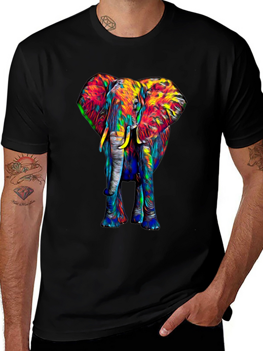Colorful Elephant Graphic Print Black T-Shirt
