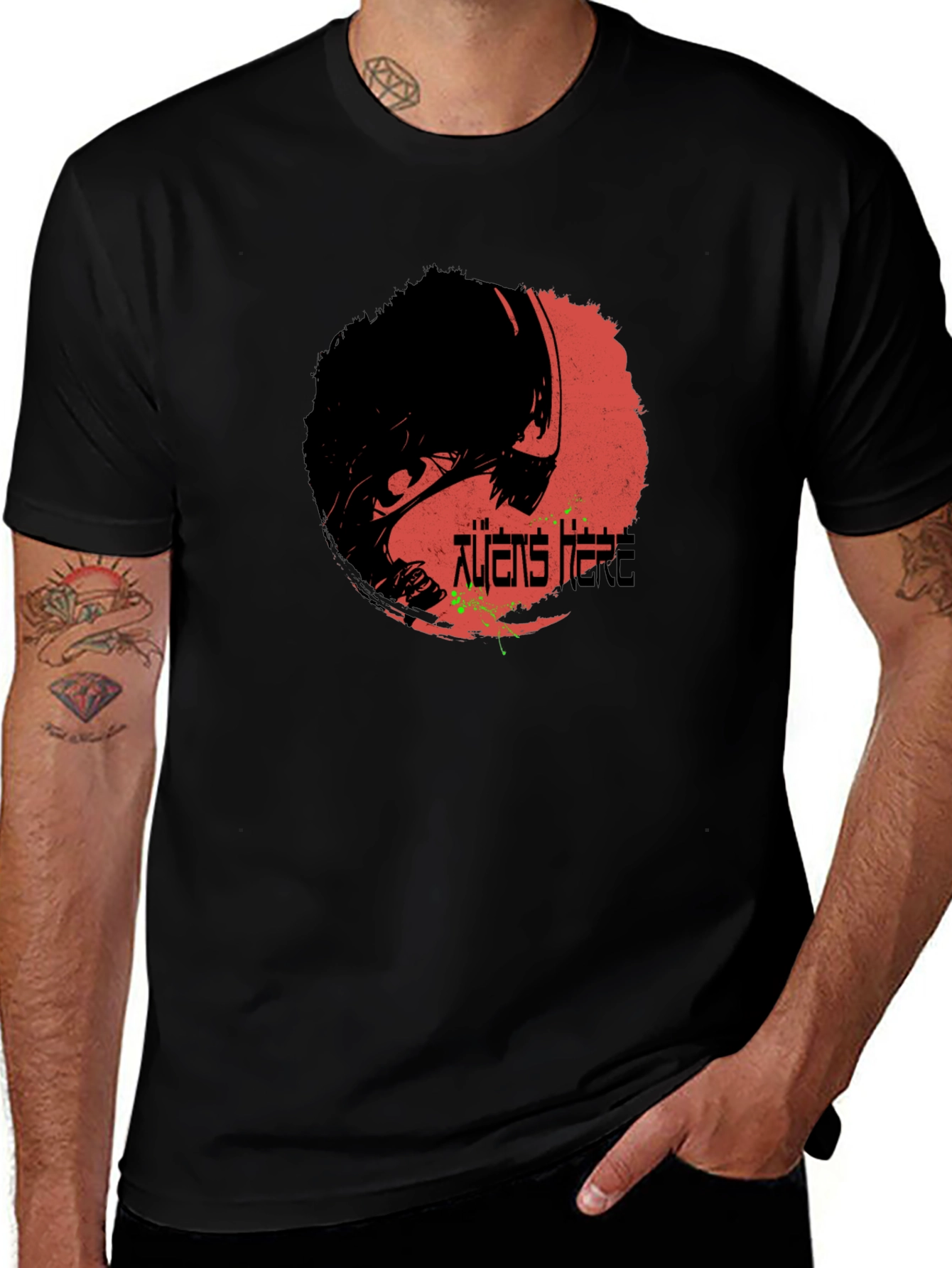 Aliens Here Graphic T-Shirt - Black Cotton Tee