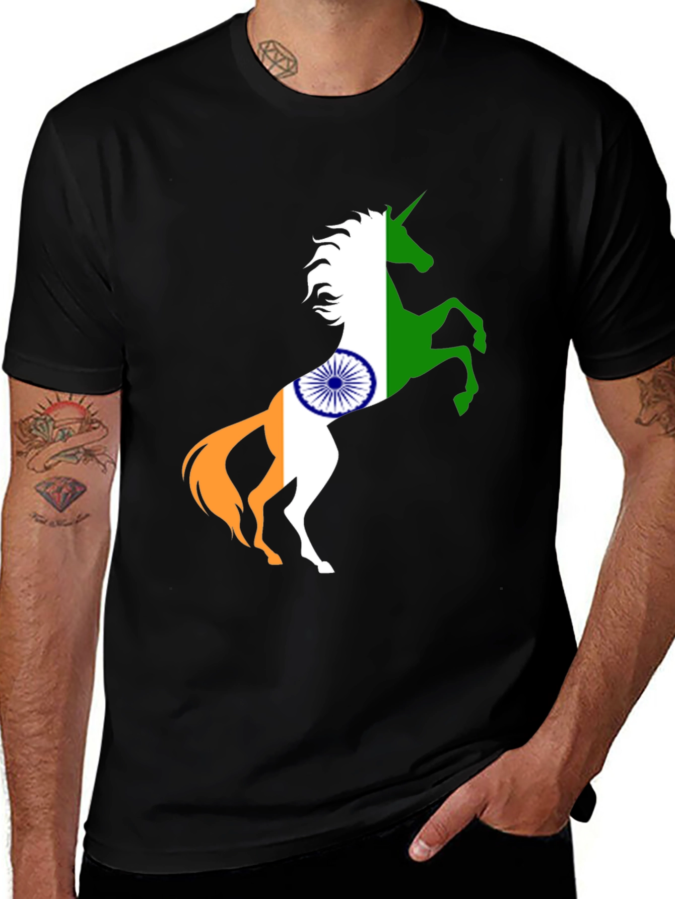 Indian Flag Unicorn Black T-Shirt