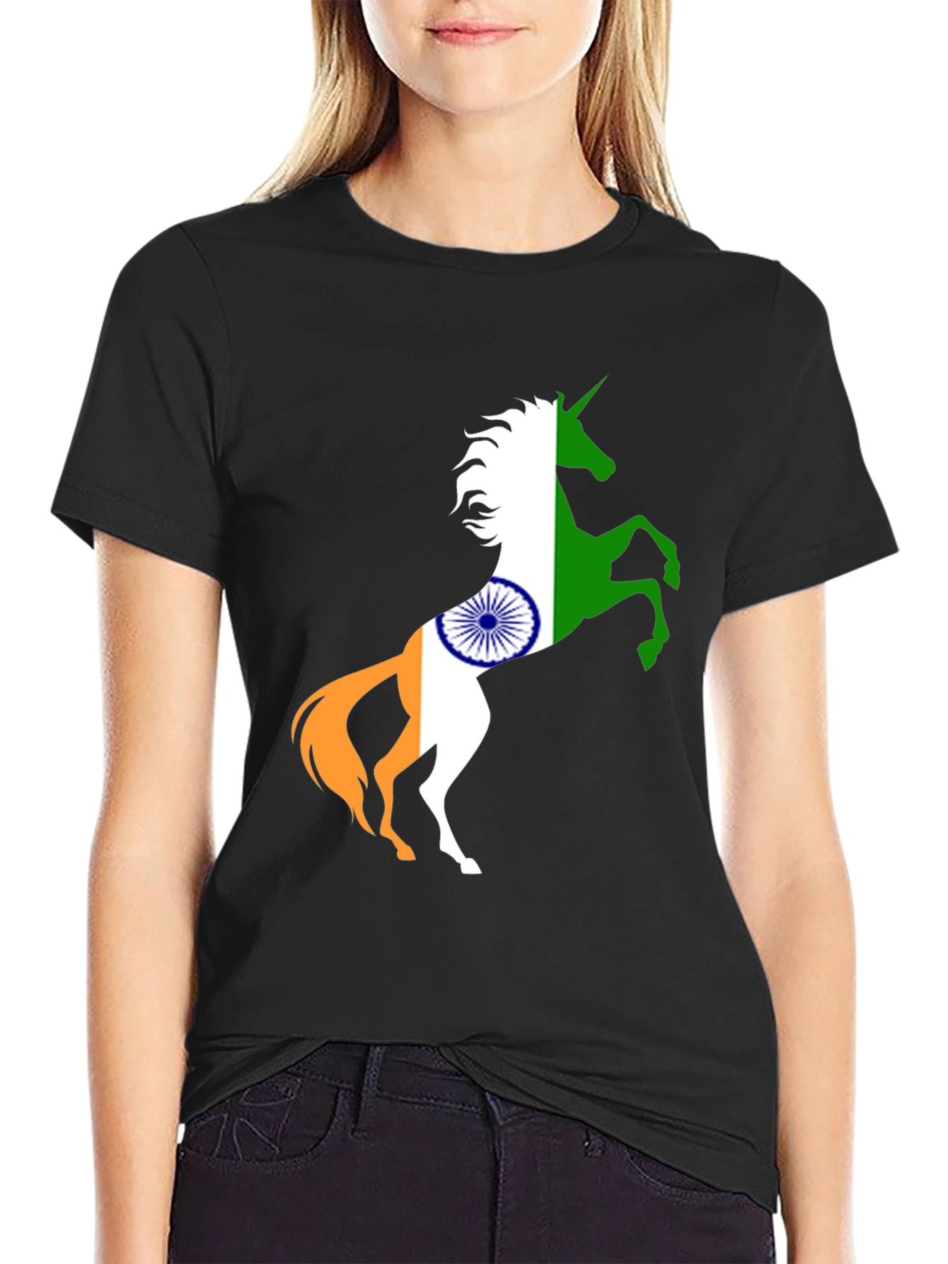 Indian Flag Unicorn Black T-Shirt