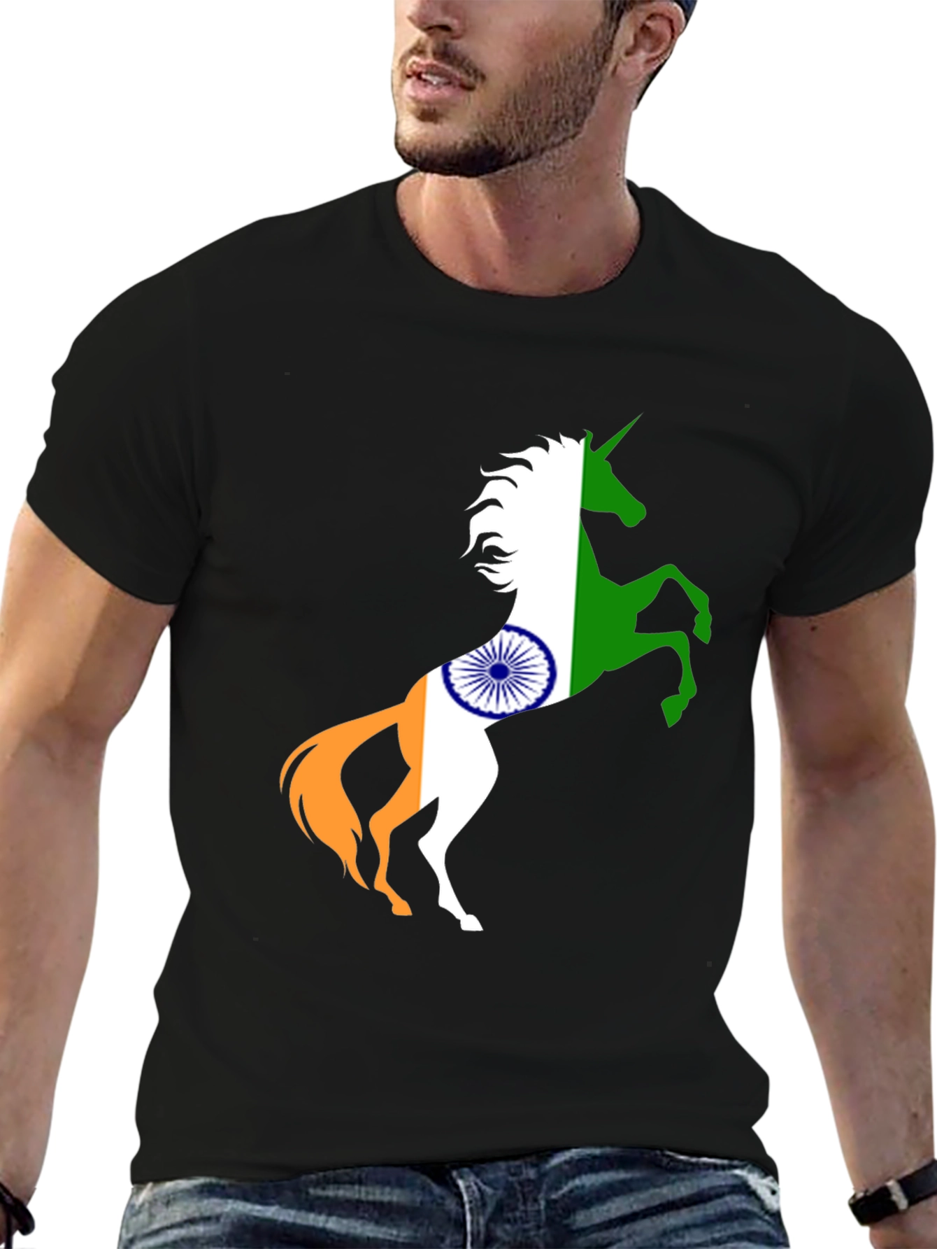 Indian Flag Unicorn Black T-Shirt