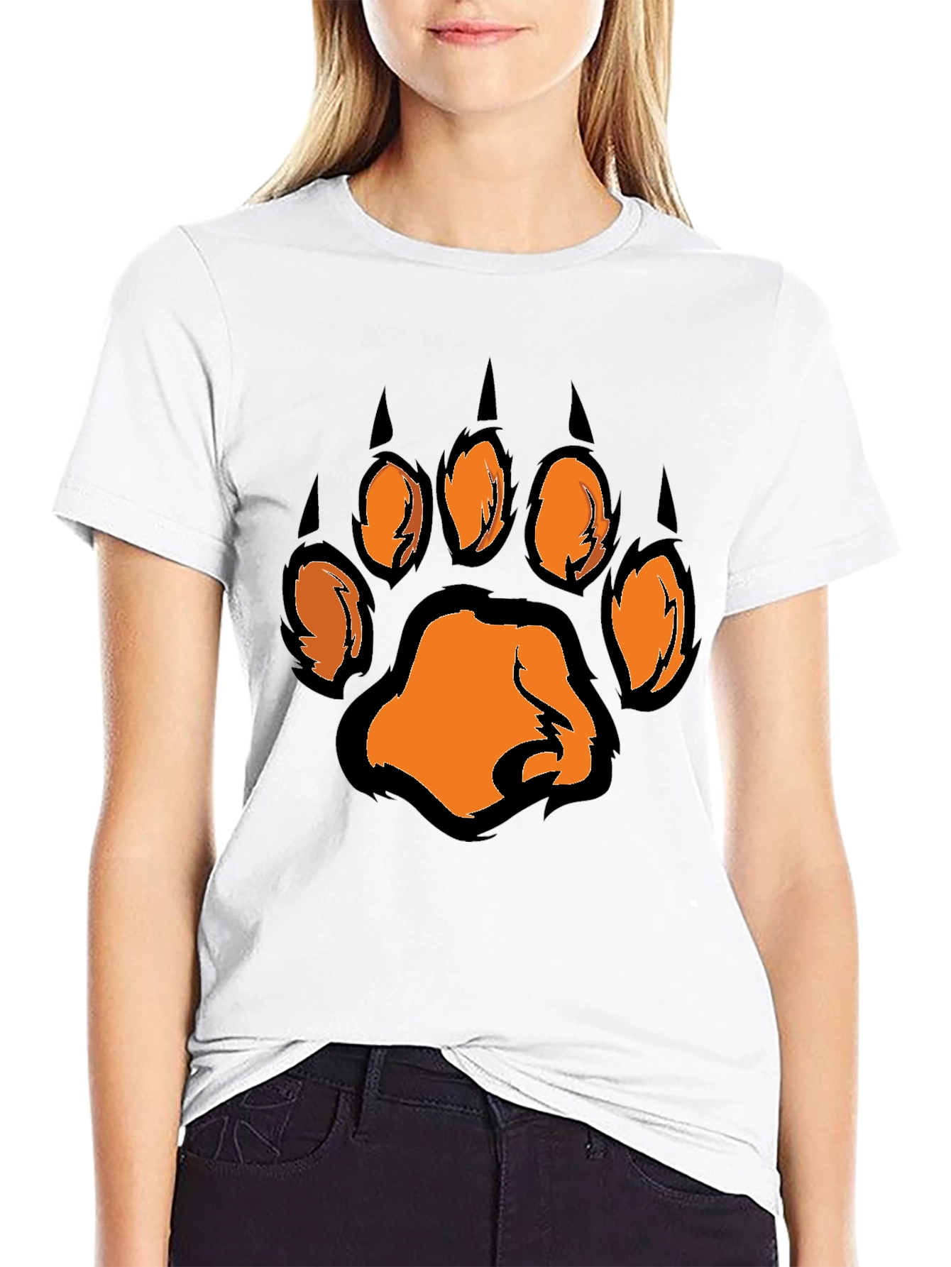 Mens Black T-Shirt with Orange Paw Print Graphic