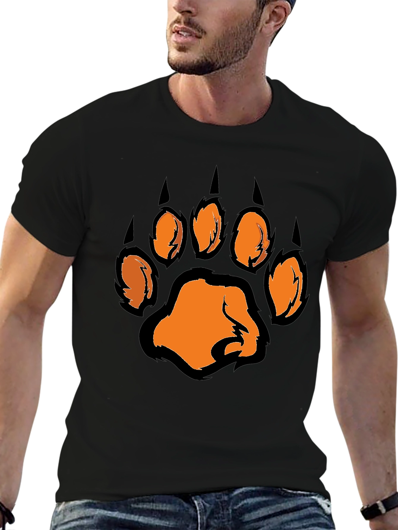 Mens Black T-Shirt with Orange Paw Print Graphic