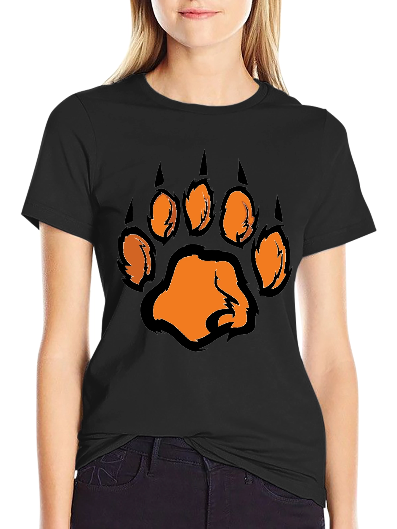 Mens Black T-Shirt with Orange Paw Print Graphic