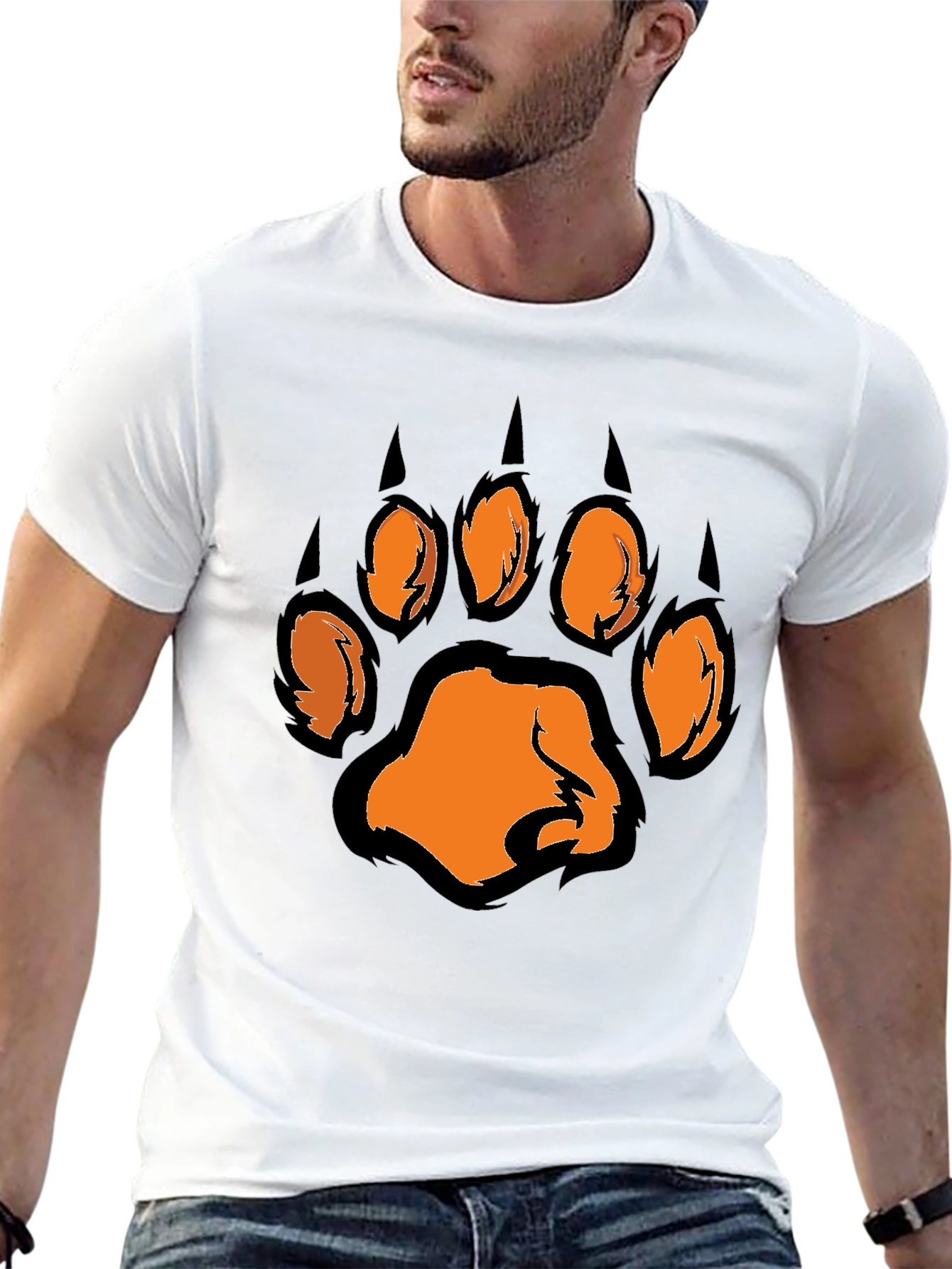 Mens Black T-Shirt with Orange Paw Print Graphic
