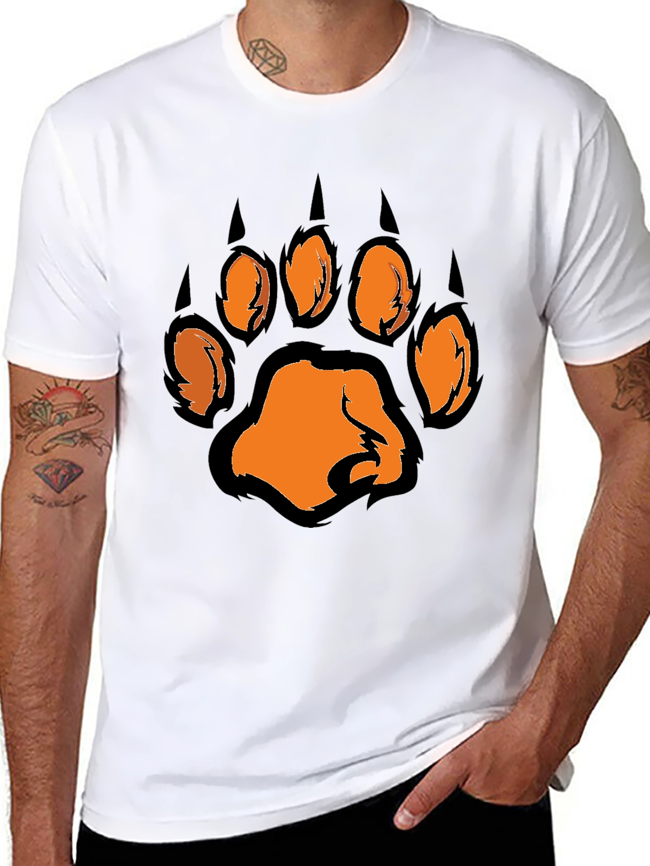 Mens Black T-Shirt with Orange Paw Print Graphic