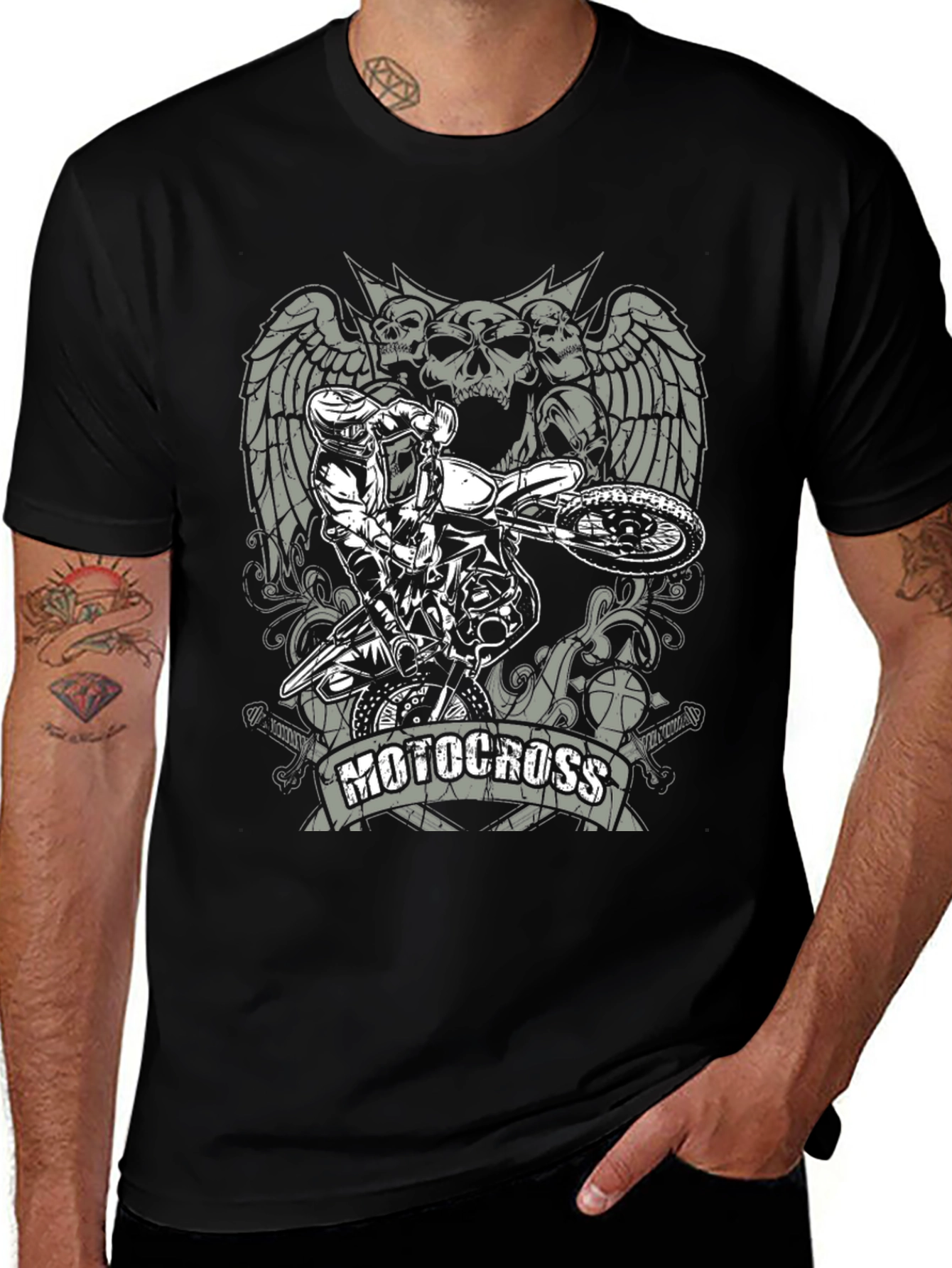 Motocross Skull Graphic T-Shirt - Black