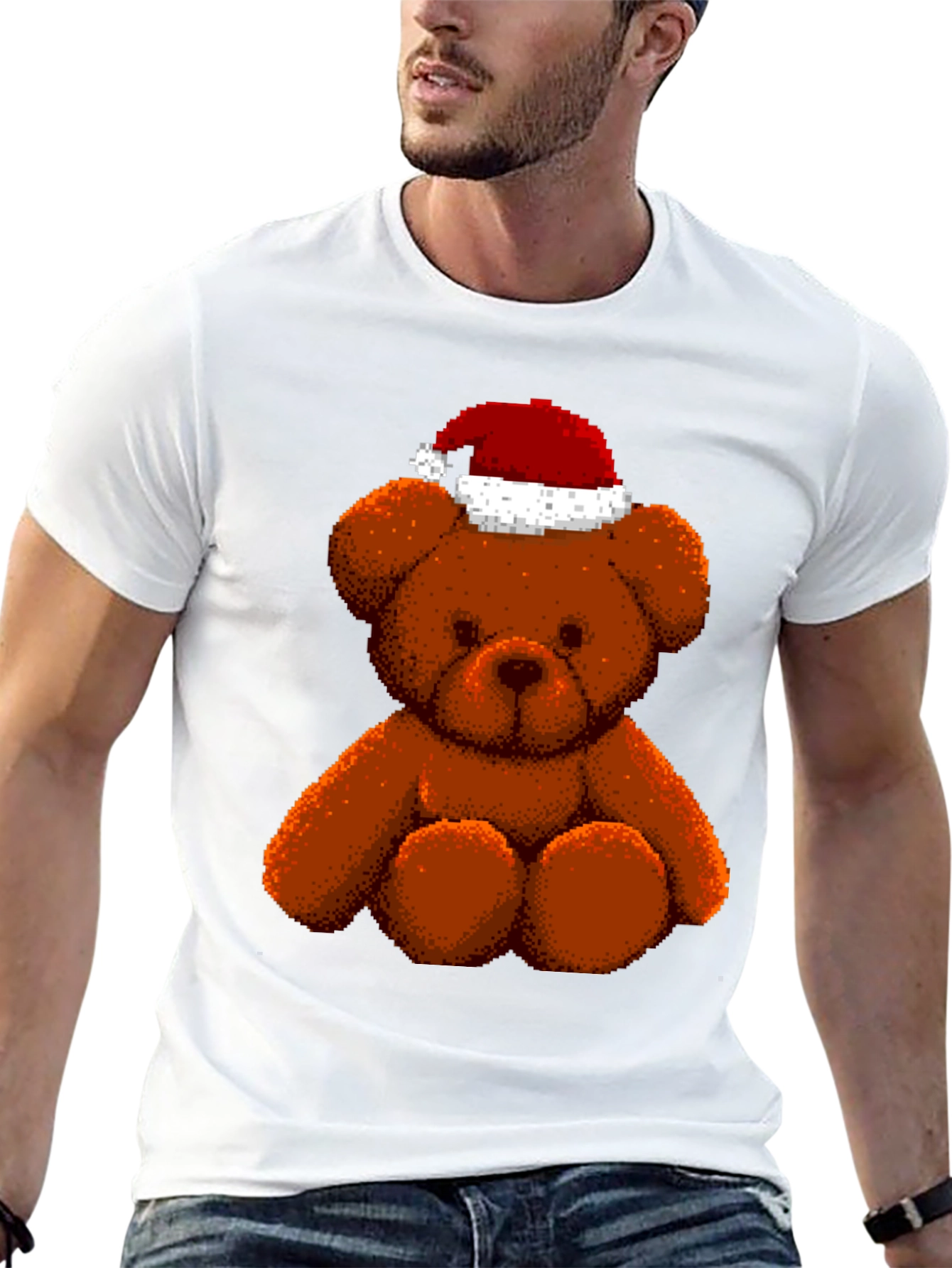 Pixelated Teddy Bear in Santa Hat Graphic Tee
