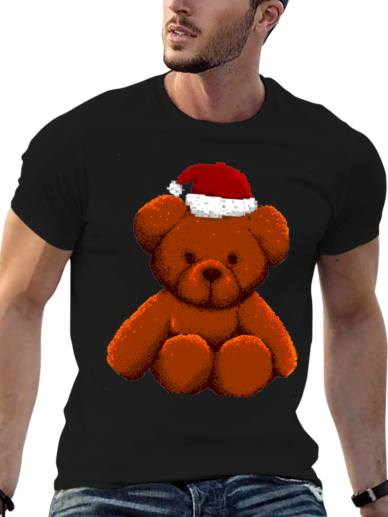 Pixelated Teddy Bear in Santa Hat Graphic Tee
