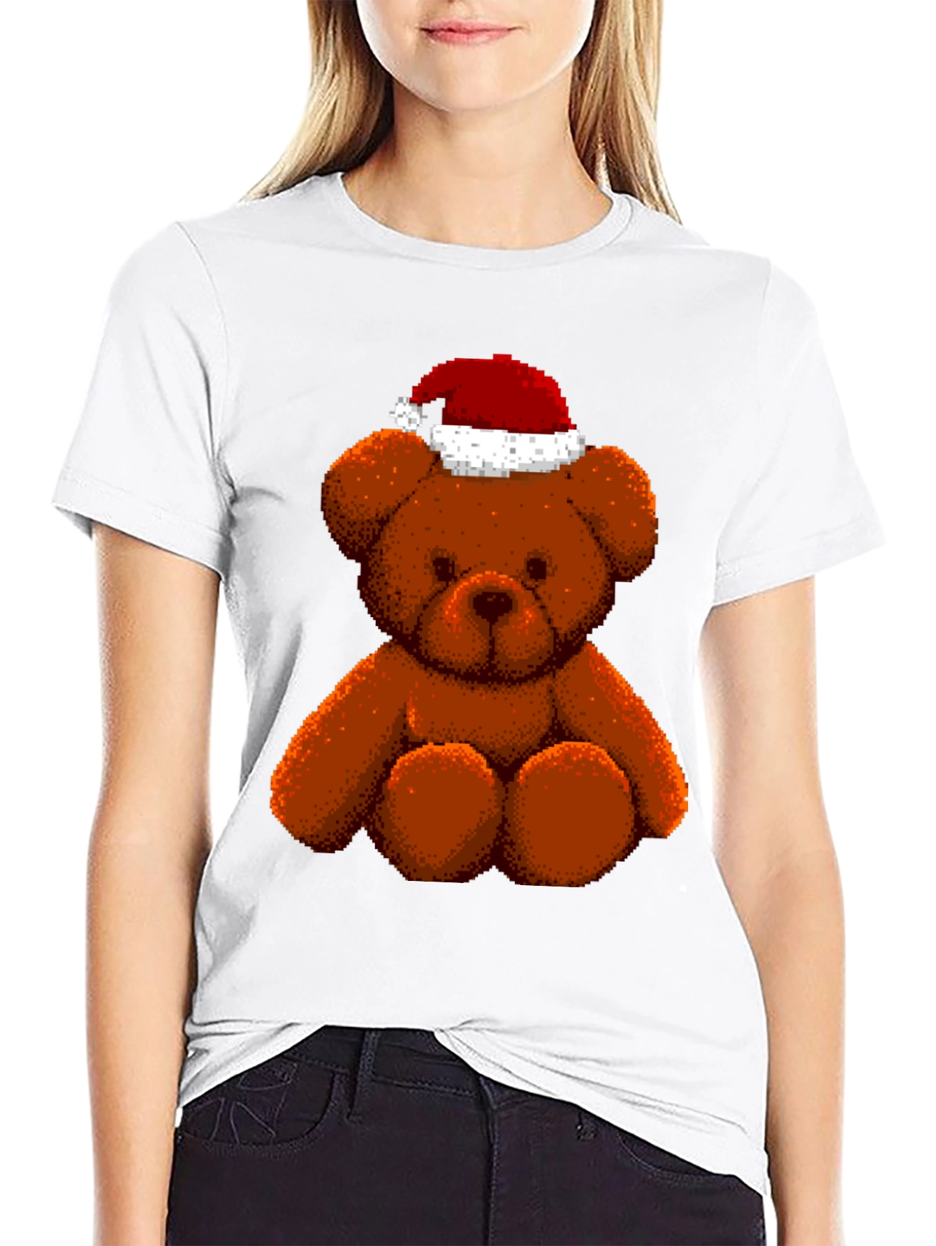 Pixelated Teddy Bear in Santa Hat Graphic Tee