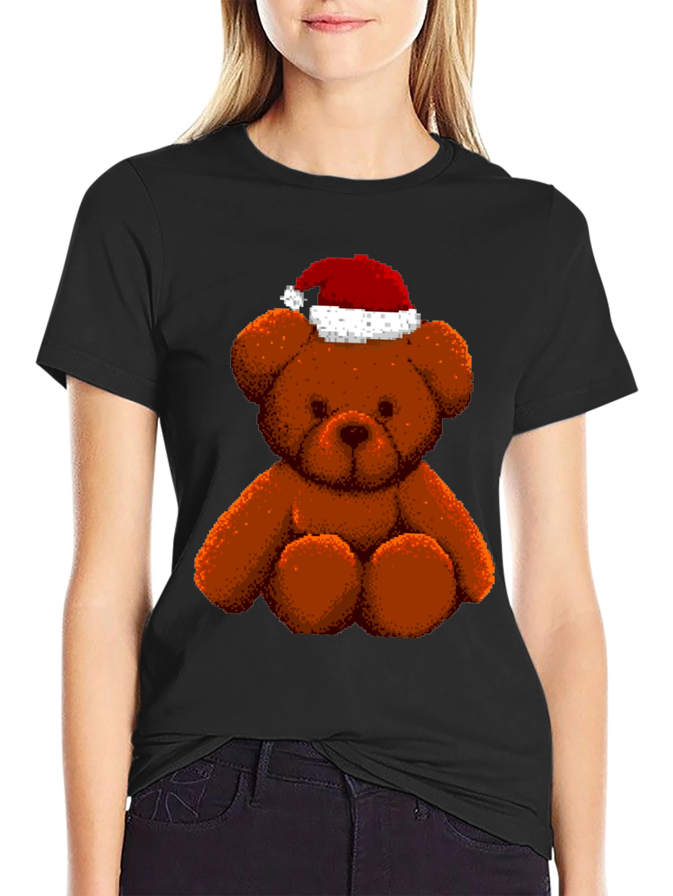 Pixelated Teddy Bear in Santa Hat Graphic Tee