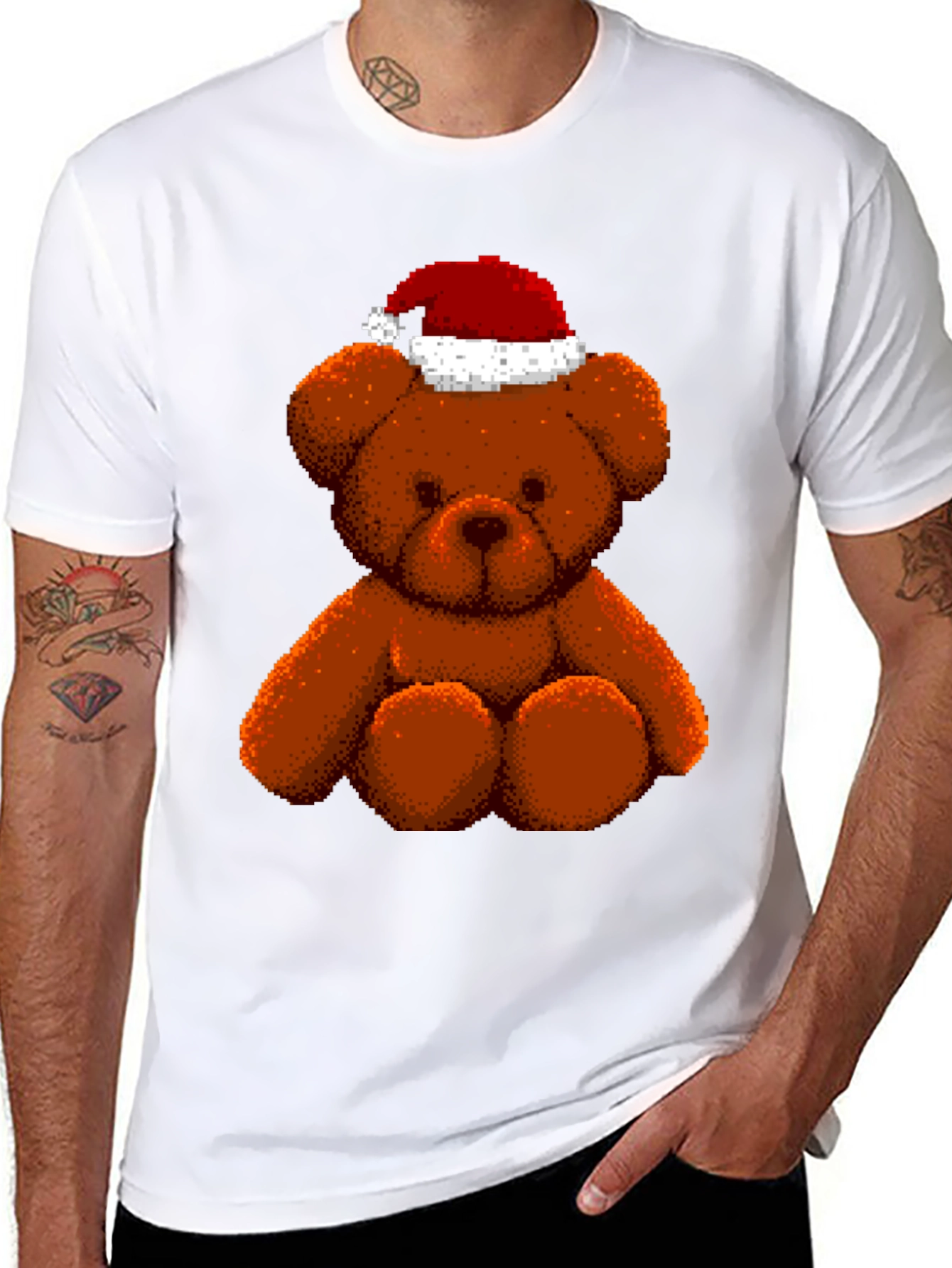 Pixelated Teddy Bear in Santa Hat Graphic Tee