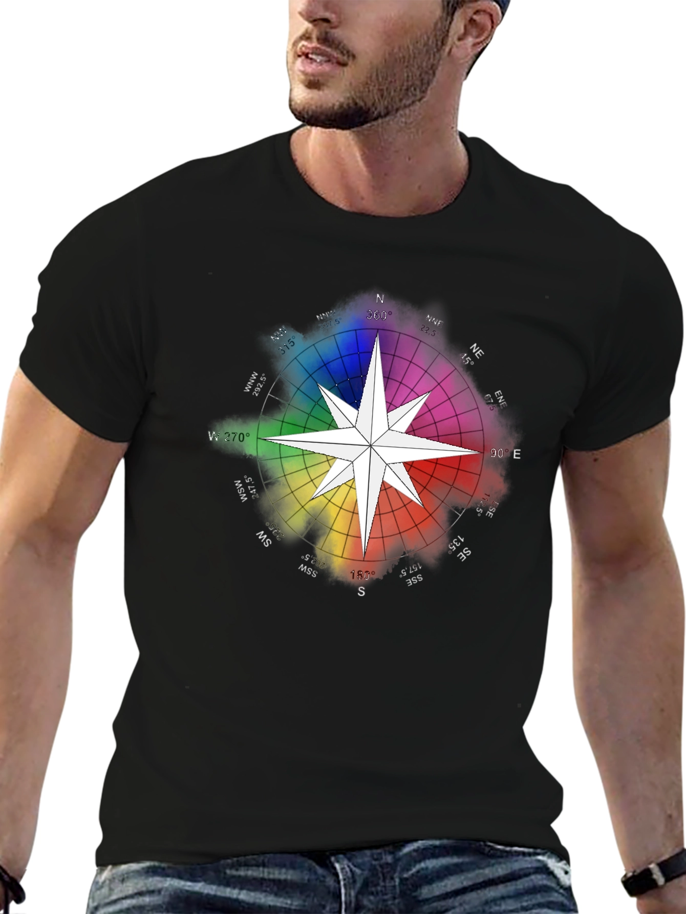 Rainbow Compass Star Graphic T-Shirt - Stylish Black Tee