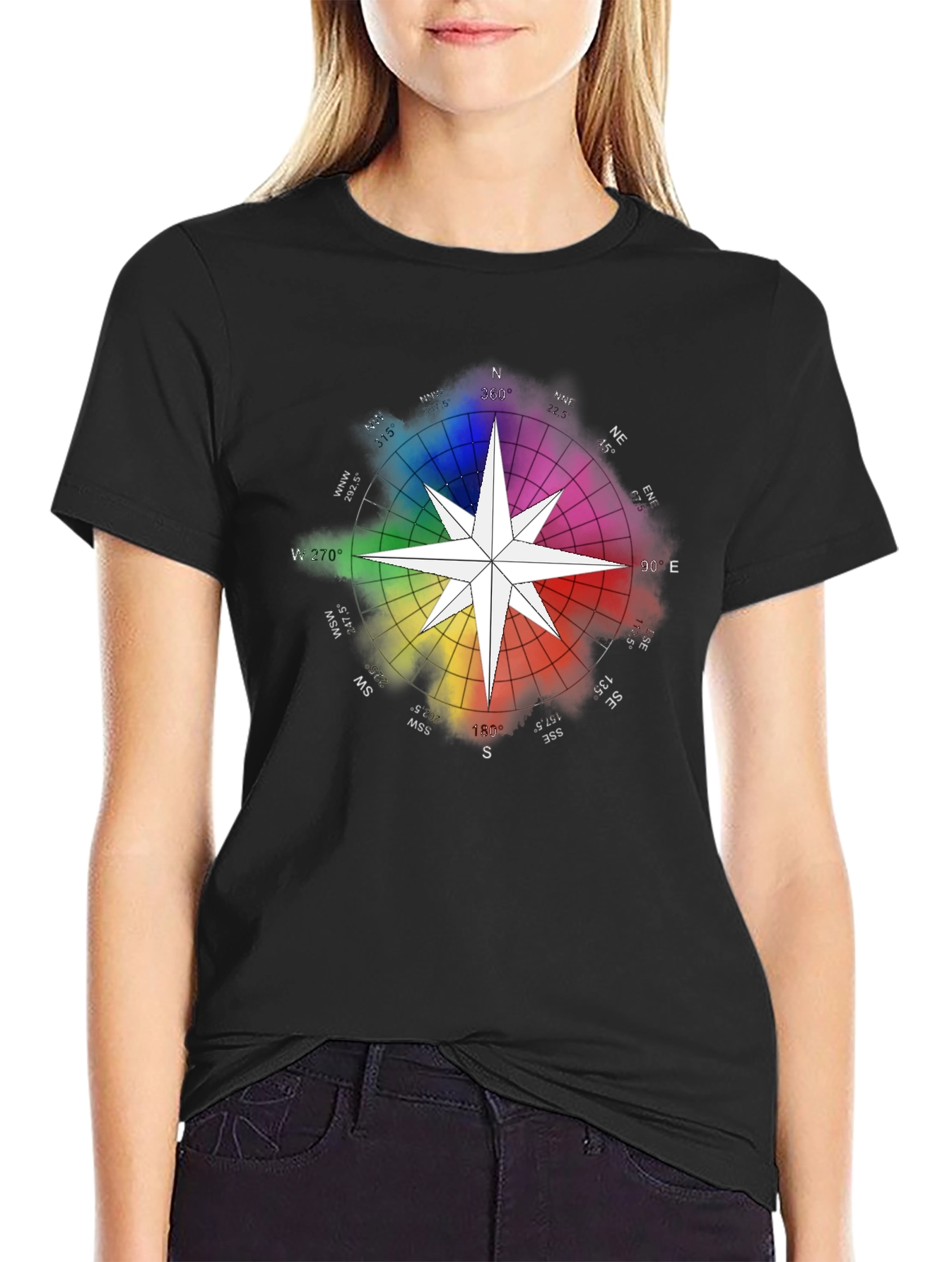 Rainbow Compass Star Graphic T-Shirt - Stylish Black Tee