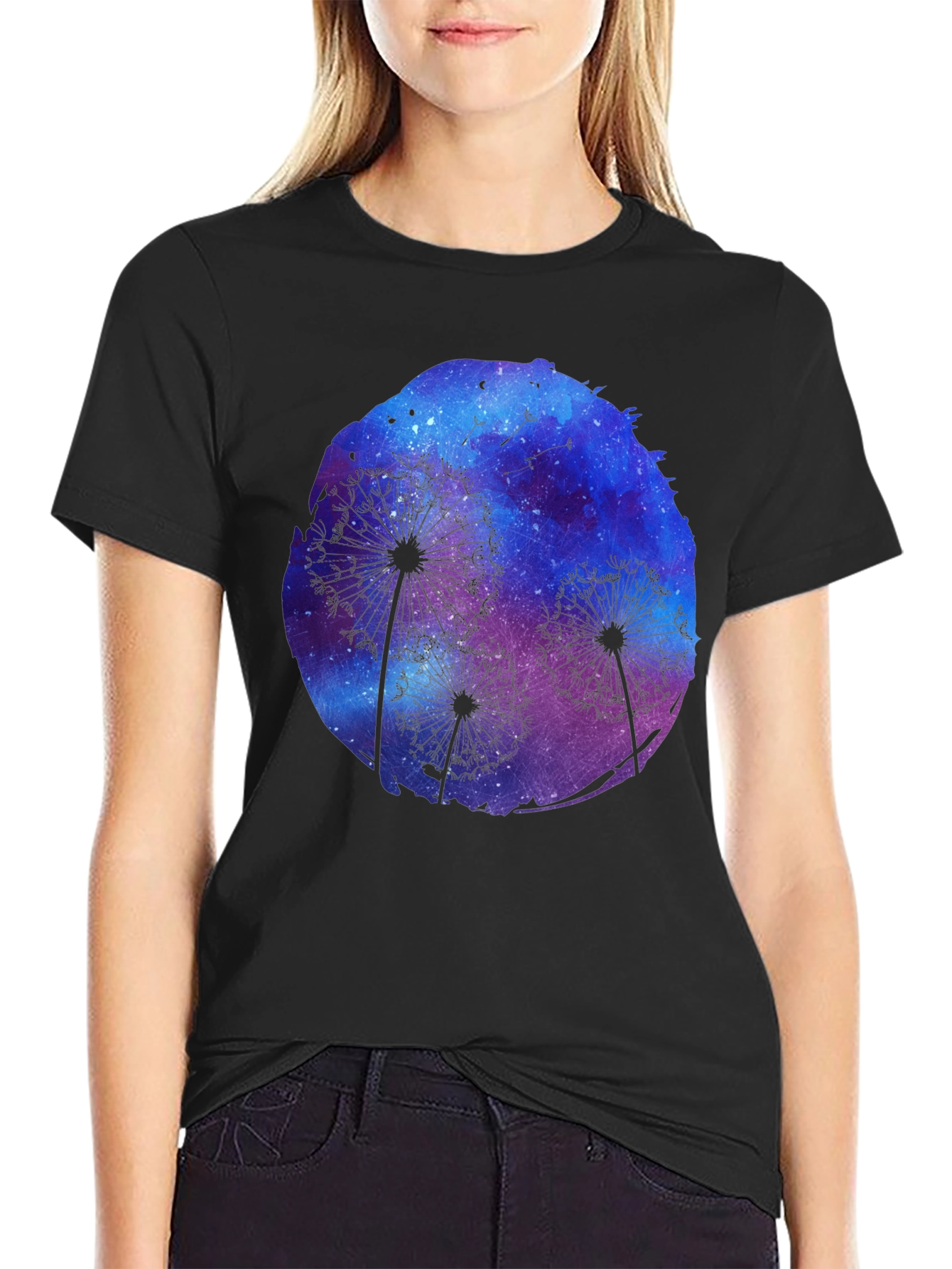 Dandelion Galaxy Print Black T-Shirt