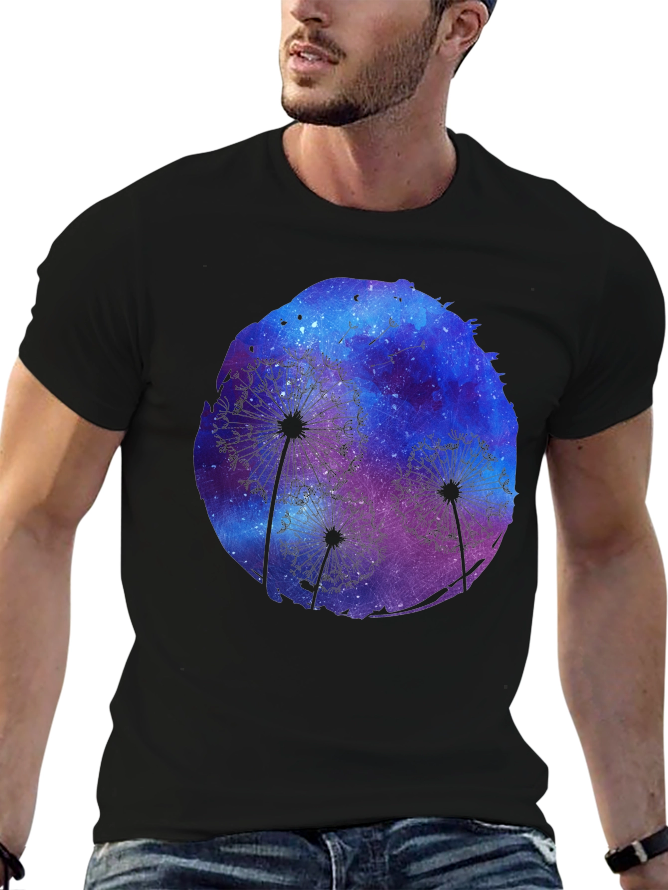 Dandelion Galaxy Print Black T-Shirt