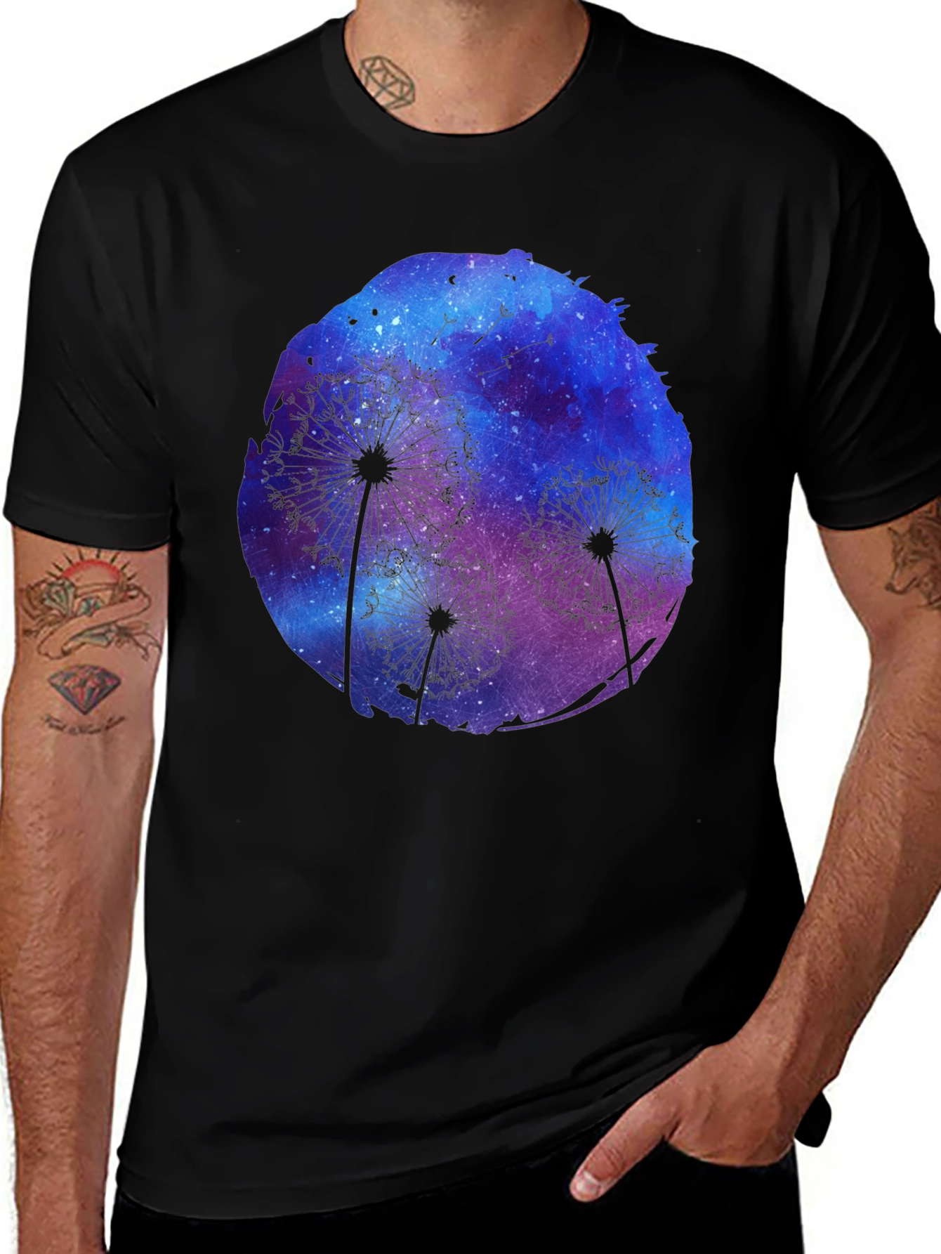 Dandelion Galaxy Print Black T-Shirt