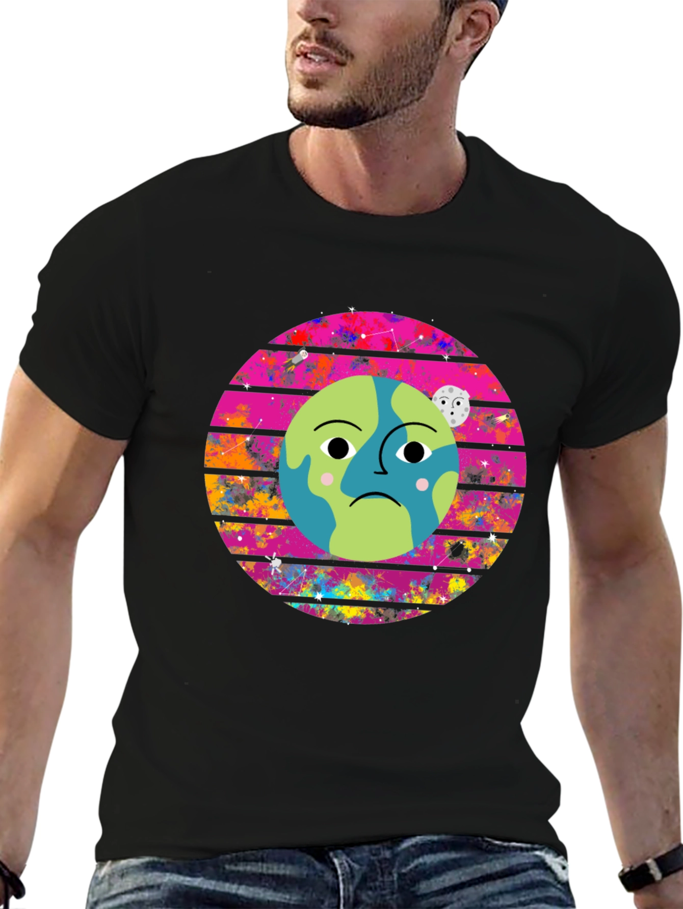 Sad Earth Graphic Tee - Black Cotton T-Shirt