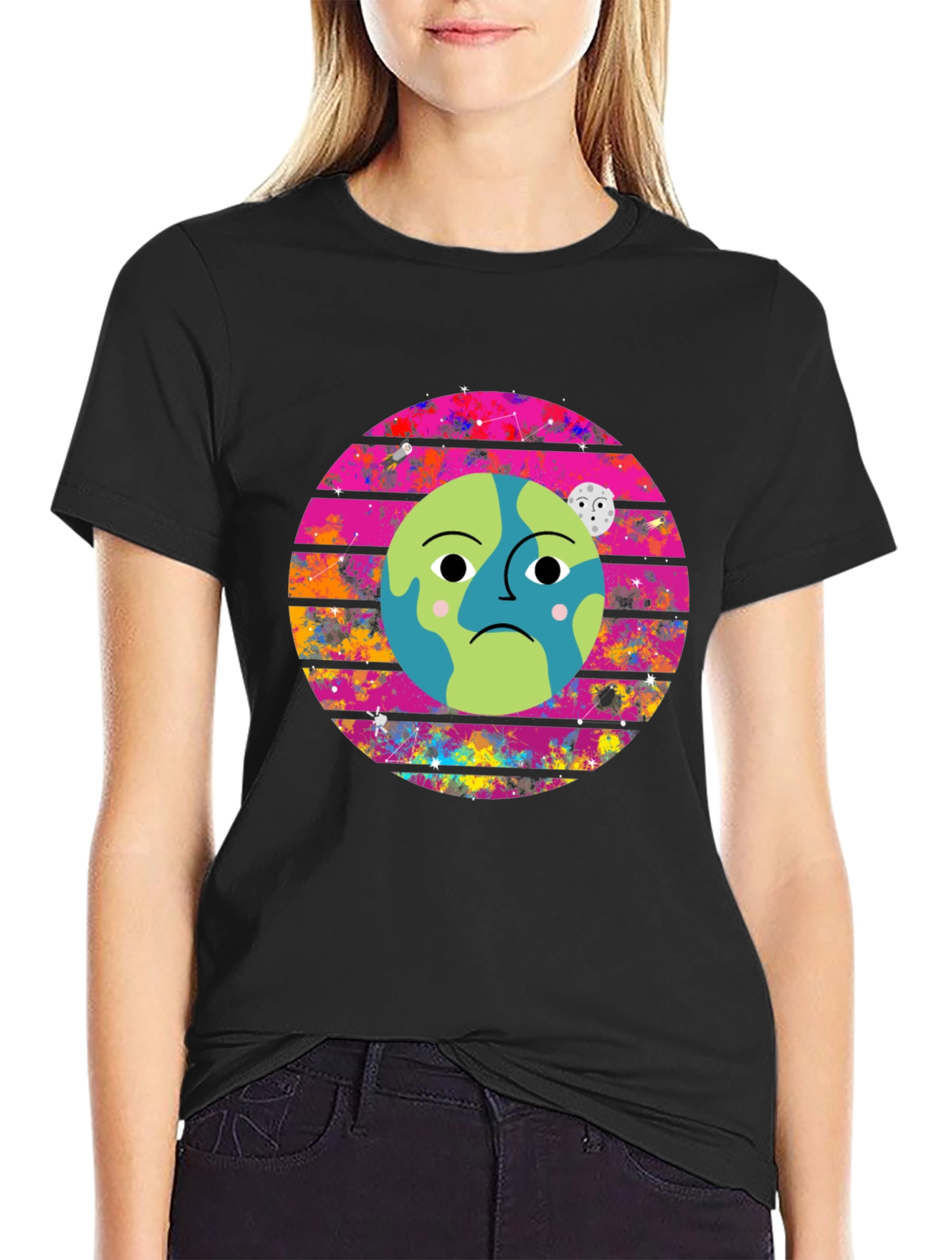 Sad Earth Graphic Tee - Black Cotton T-Shirt