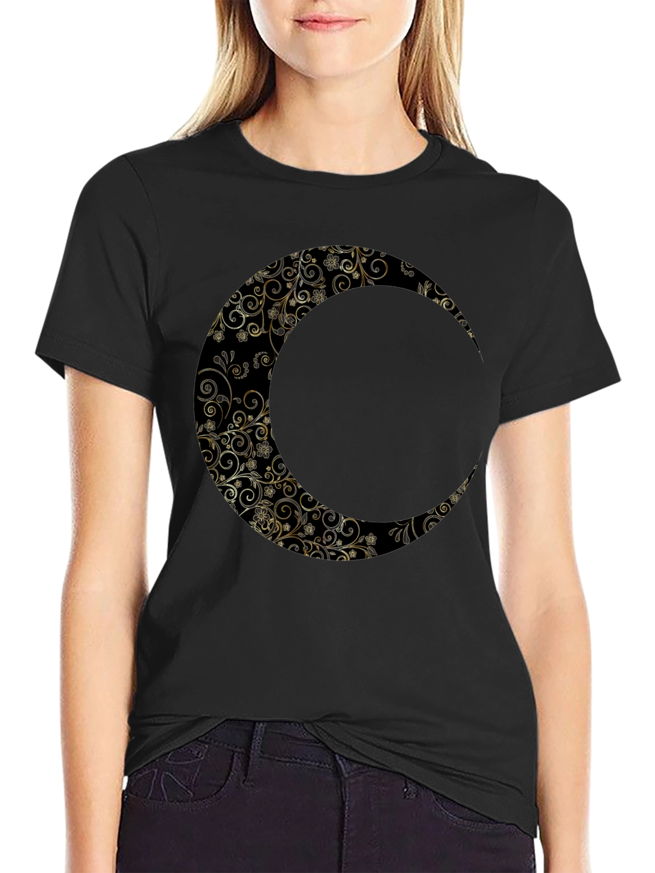 Floral Crescent Moon Graphic Black T-Shirt