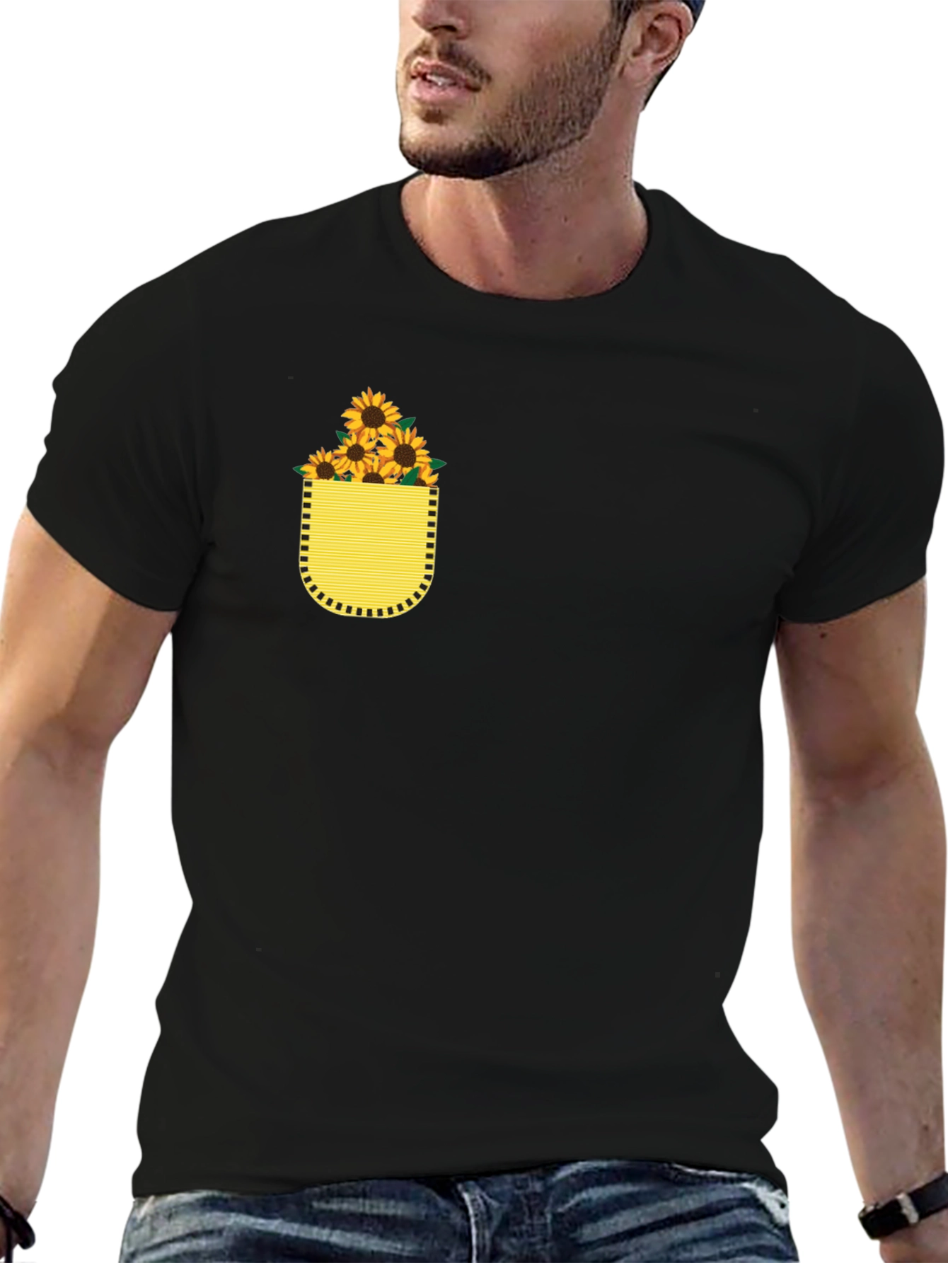 Sunflower Pocket Graphic Tee - Soft Black Cotton