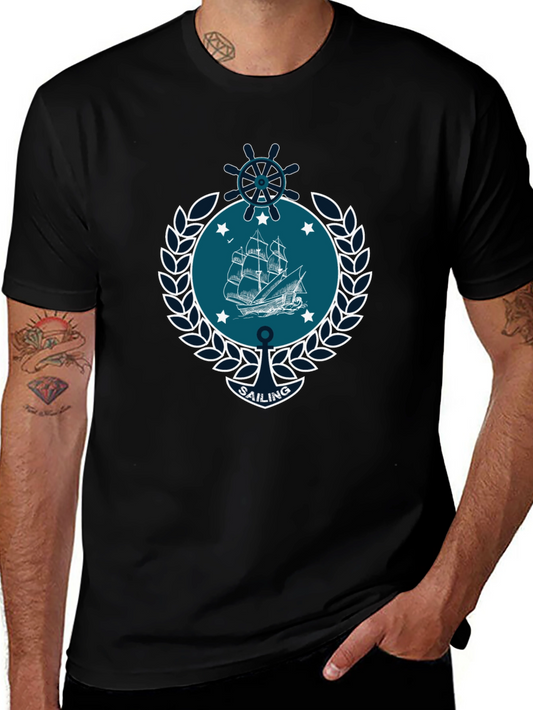 Nautical Sailing Graphic T-Shirt - Black Cotton Tee