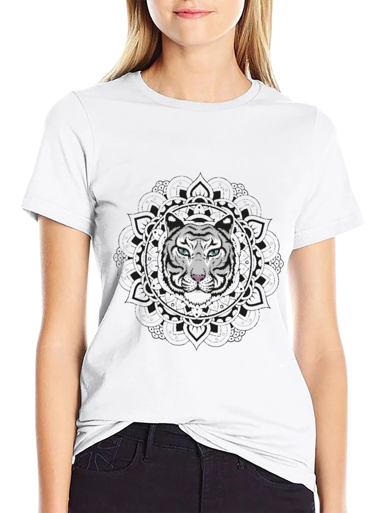 White Tiger Mandala Graphic Tee - Stylish Black T-Shirt