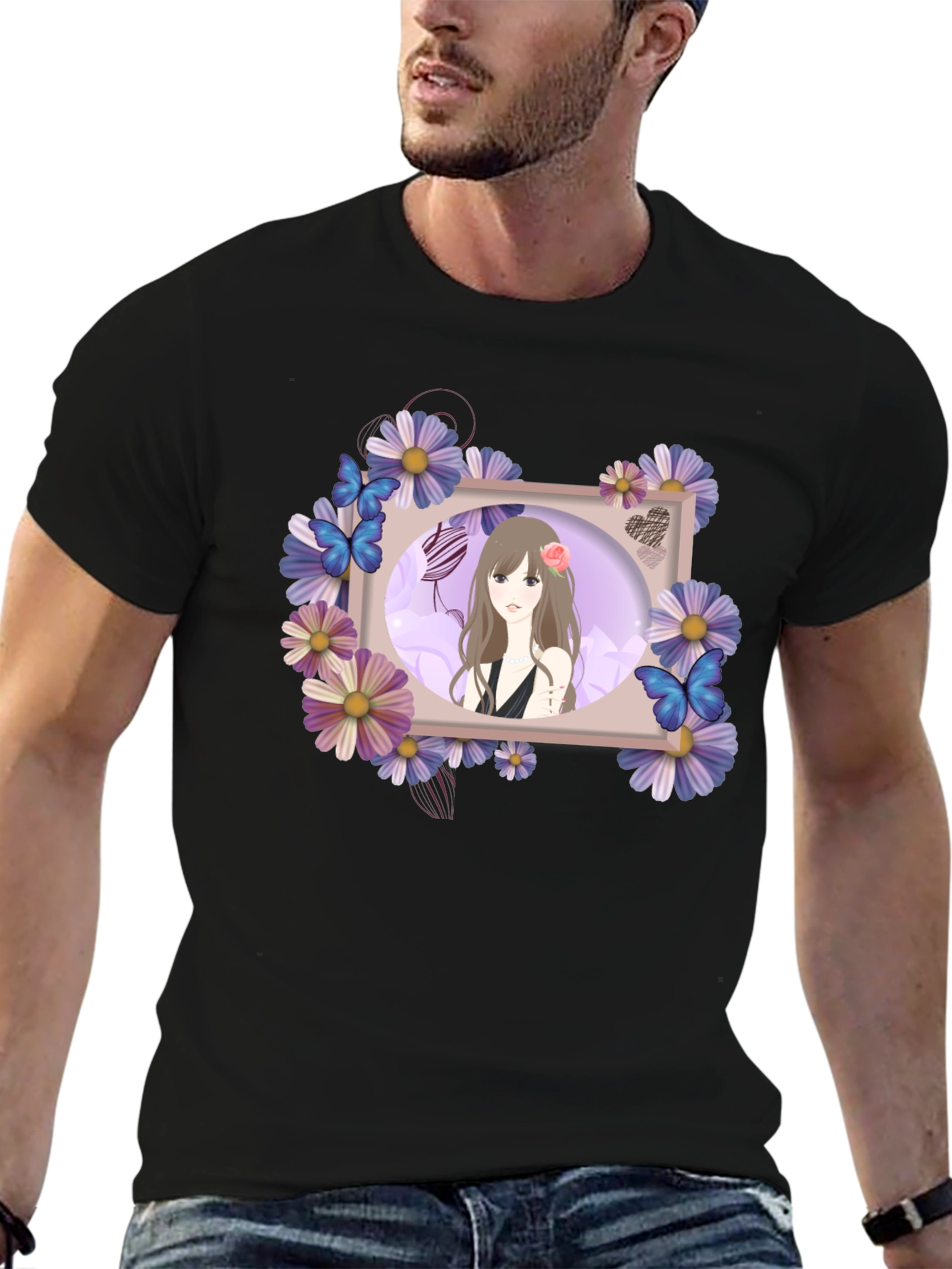 Anime Girl Floral Frame Black T-Shirt