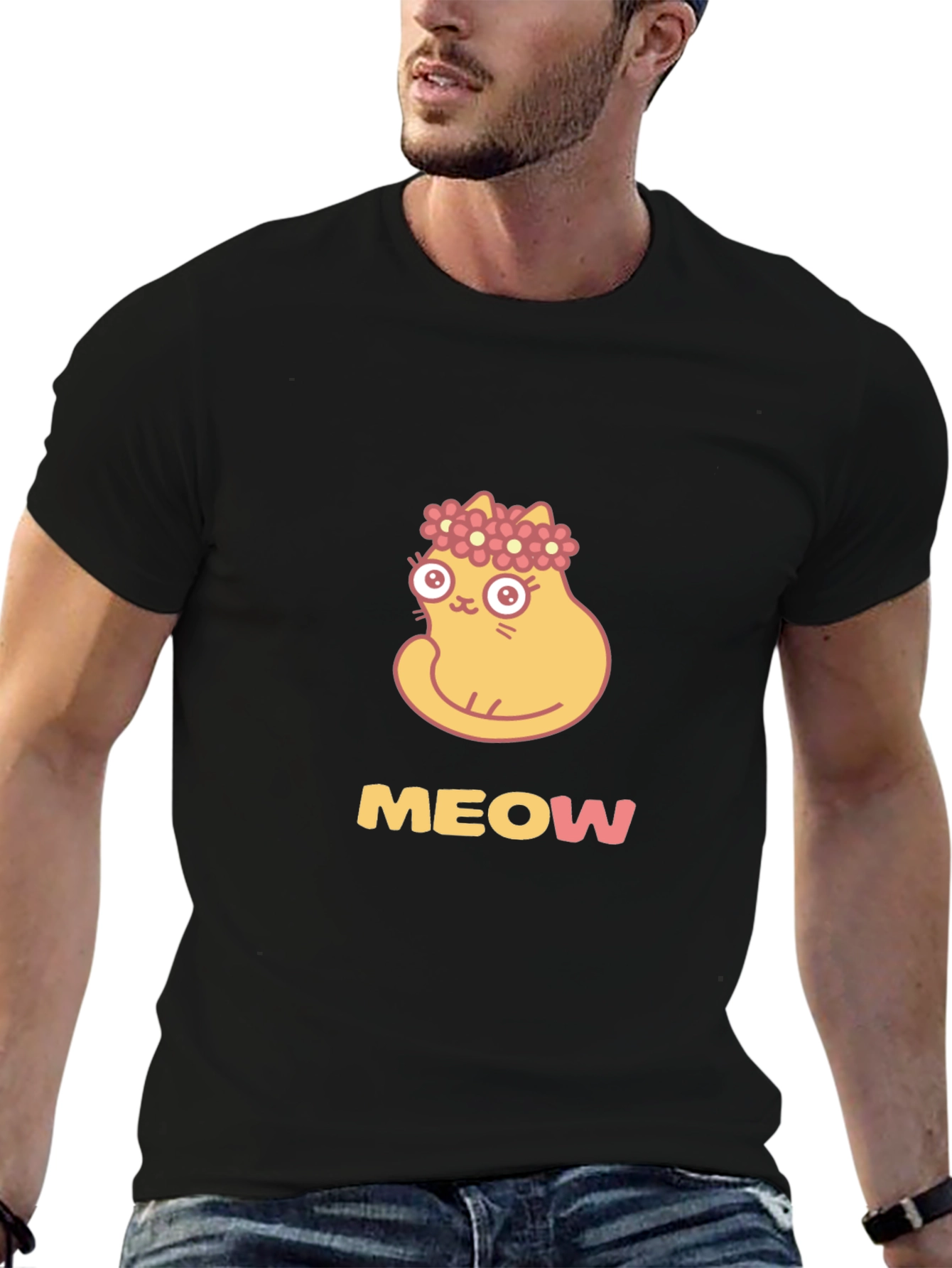 Cute Cat Flower Crown Black T-Shirt