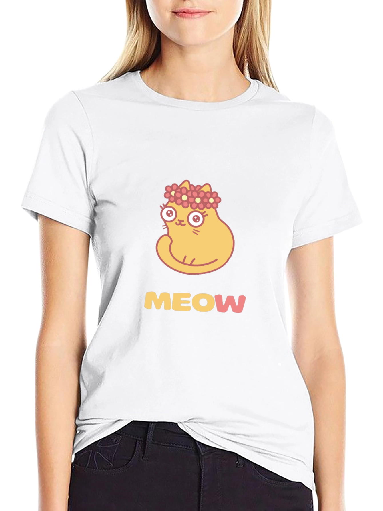 Cute Cat Flower Crown Black T-Shirt