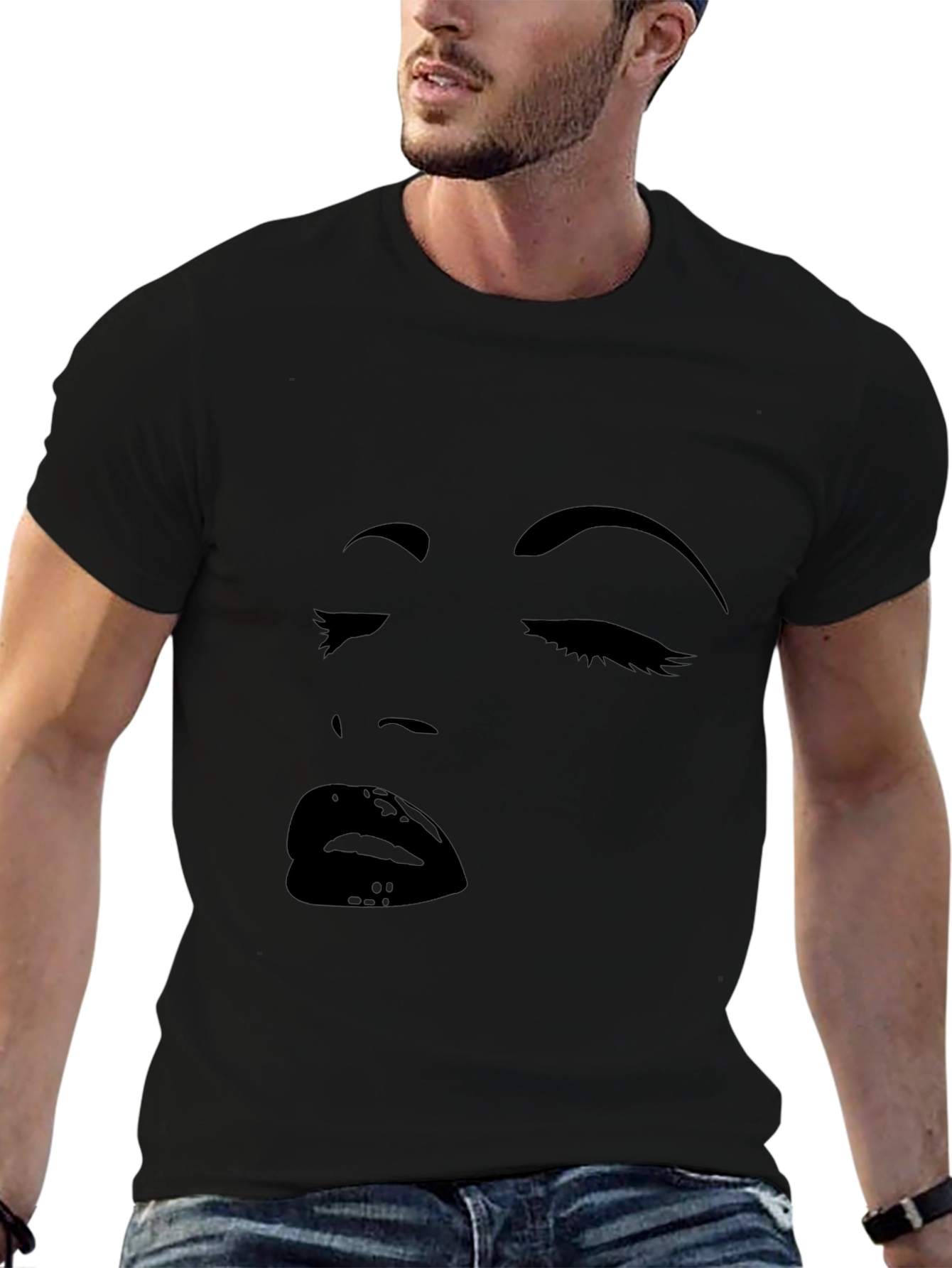 Black Graphic Tee with Face Design
