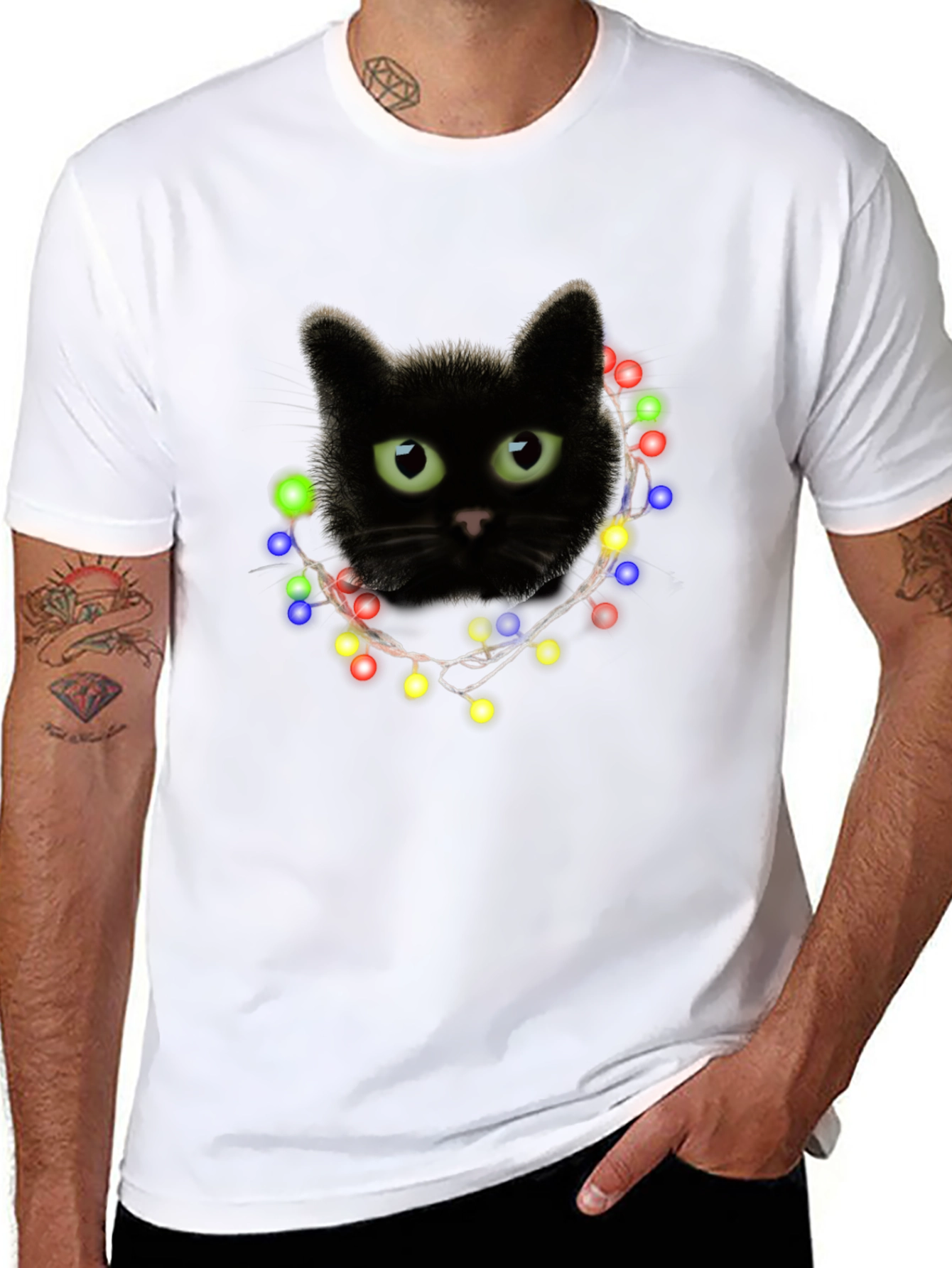 Black Cat Christmas Lights T-Shirt