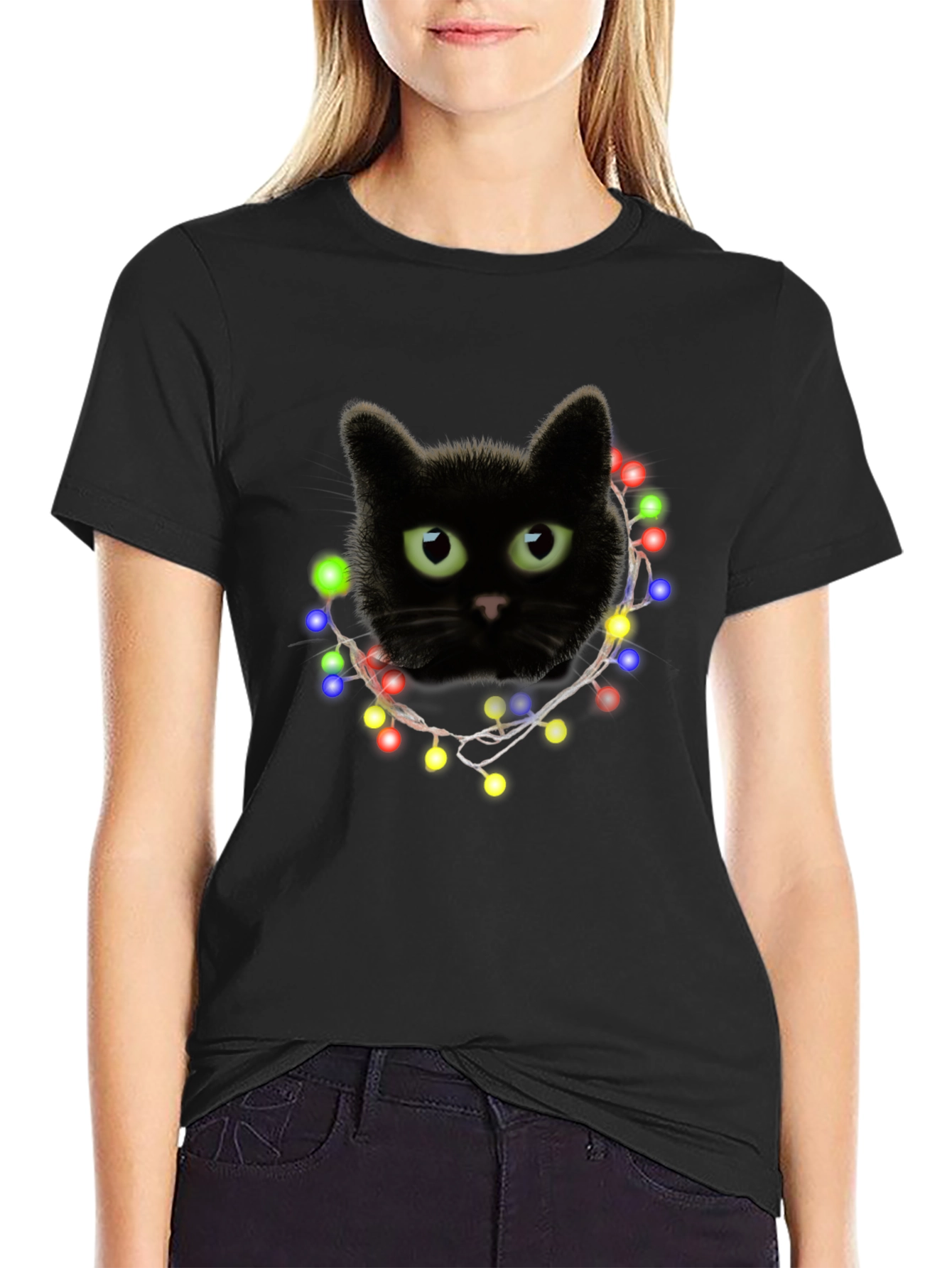 Black Cat Christmas Lights T-Shirt