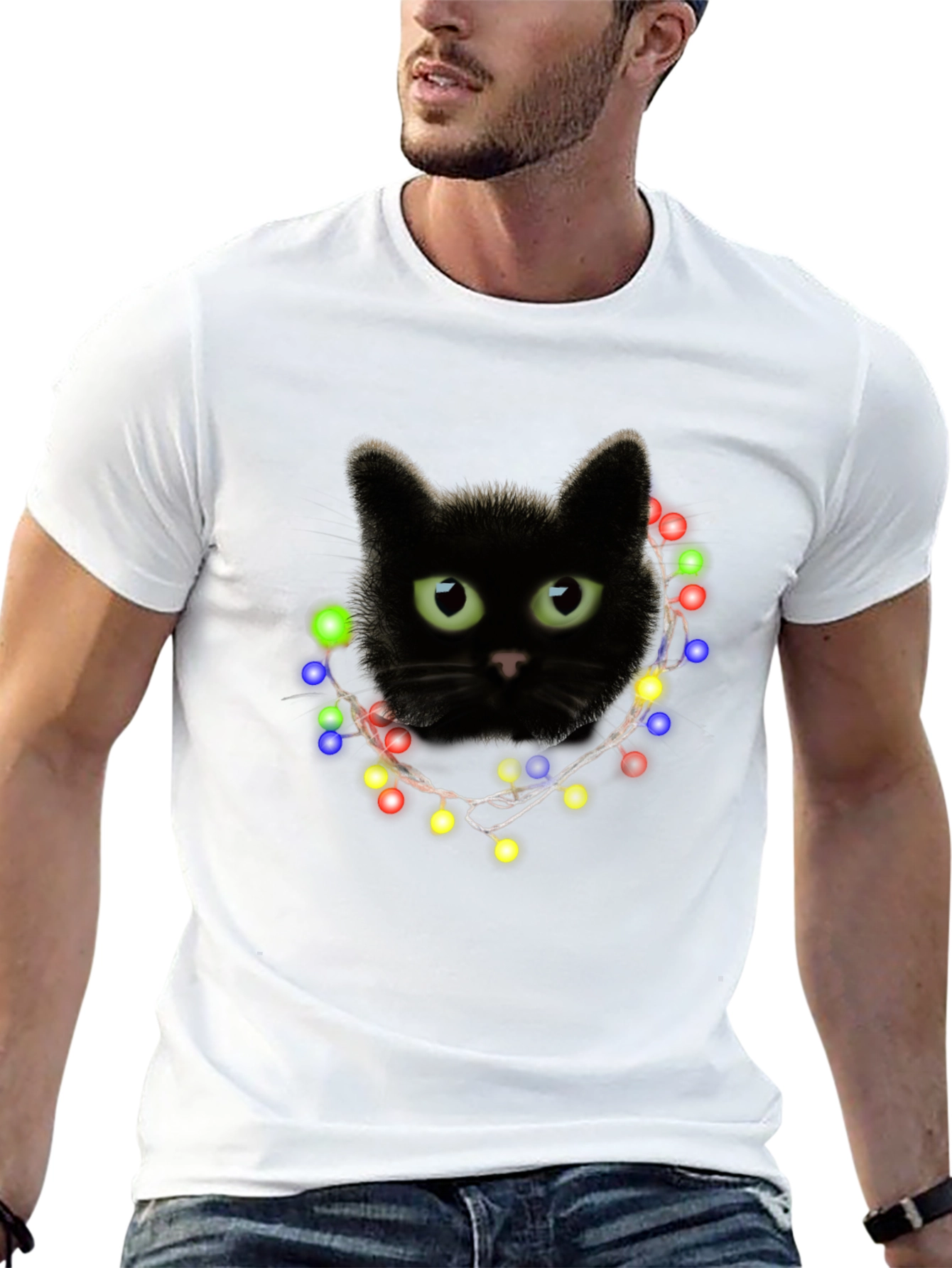 Black Cat Christmas Lights T-Shirt