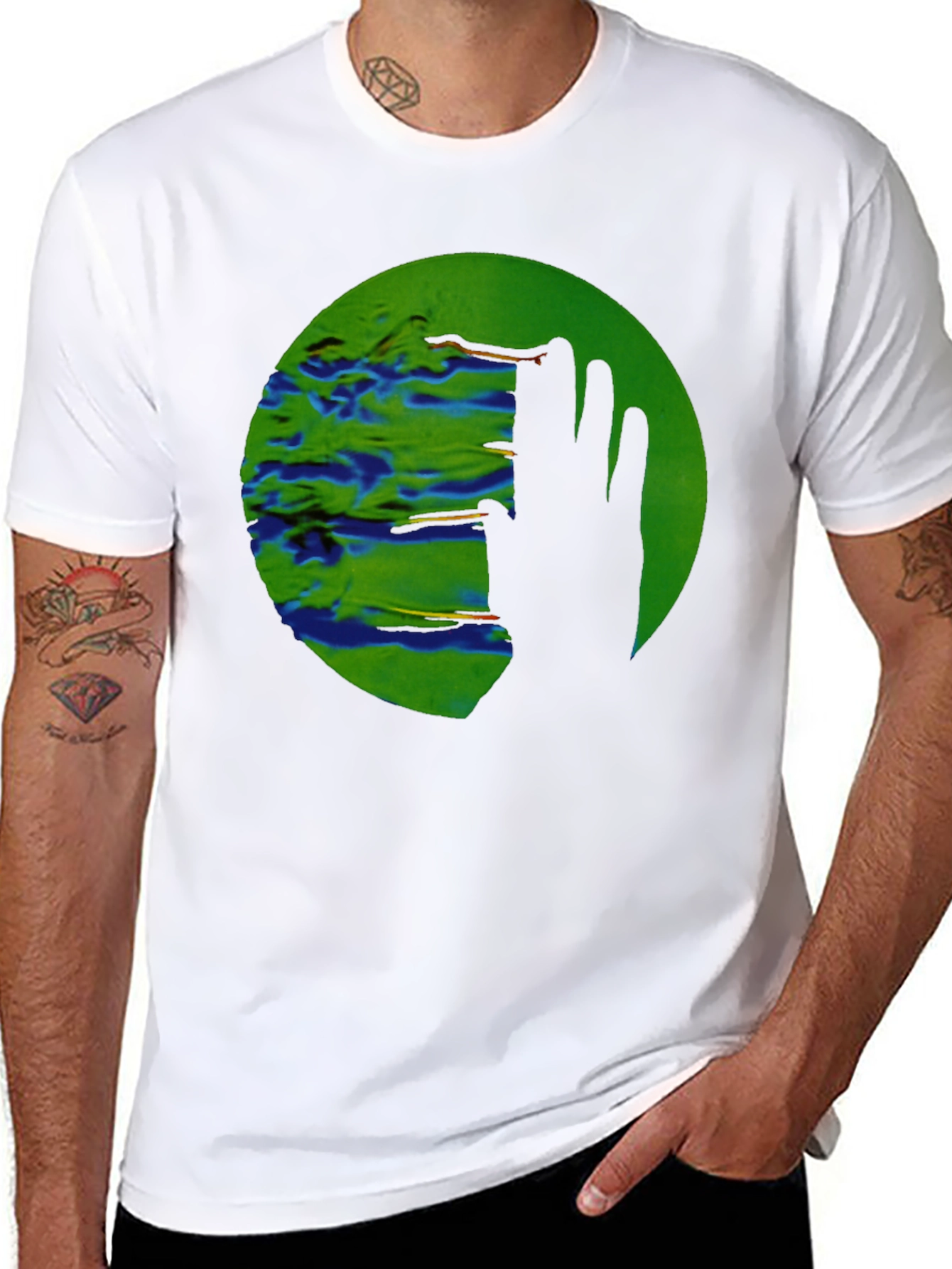 Abstract Green Circle Graphic Print Black T-Shirt