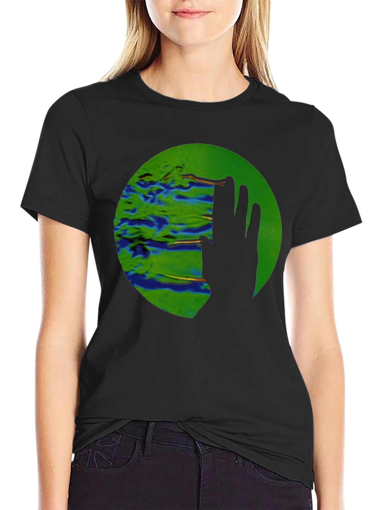 Abstract Green Circle Graphic Print Black T-Shirt