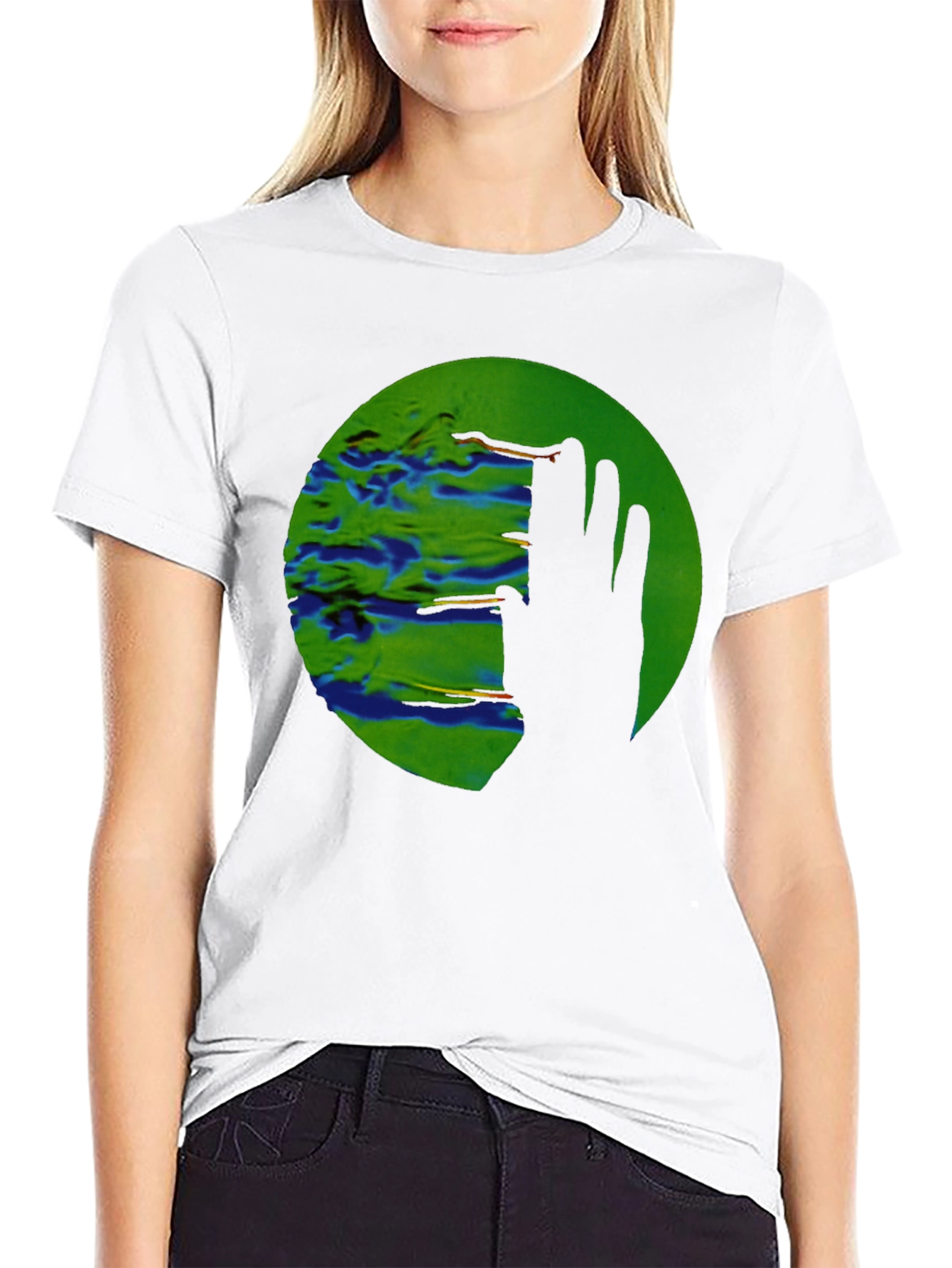 Abstract Green Circle Graphic Print Black T-Shirt