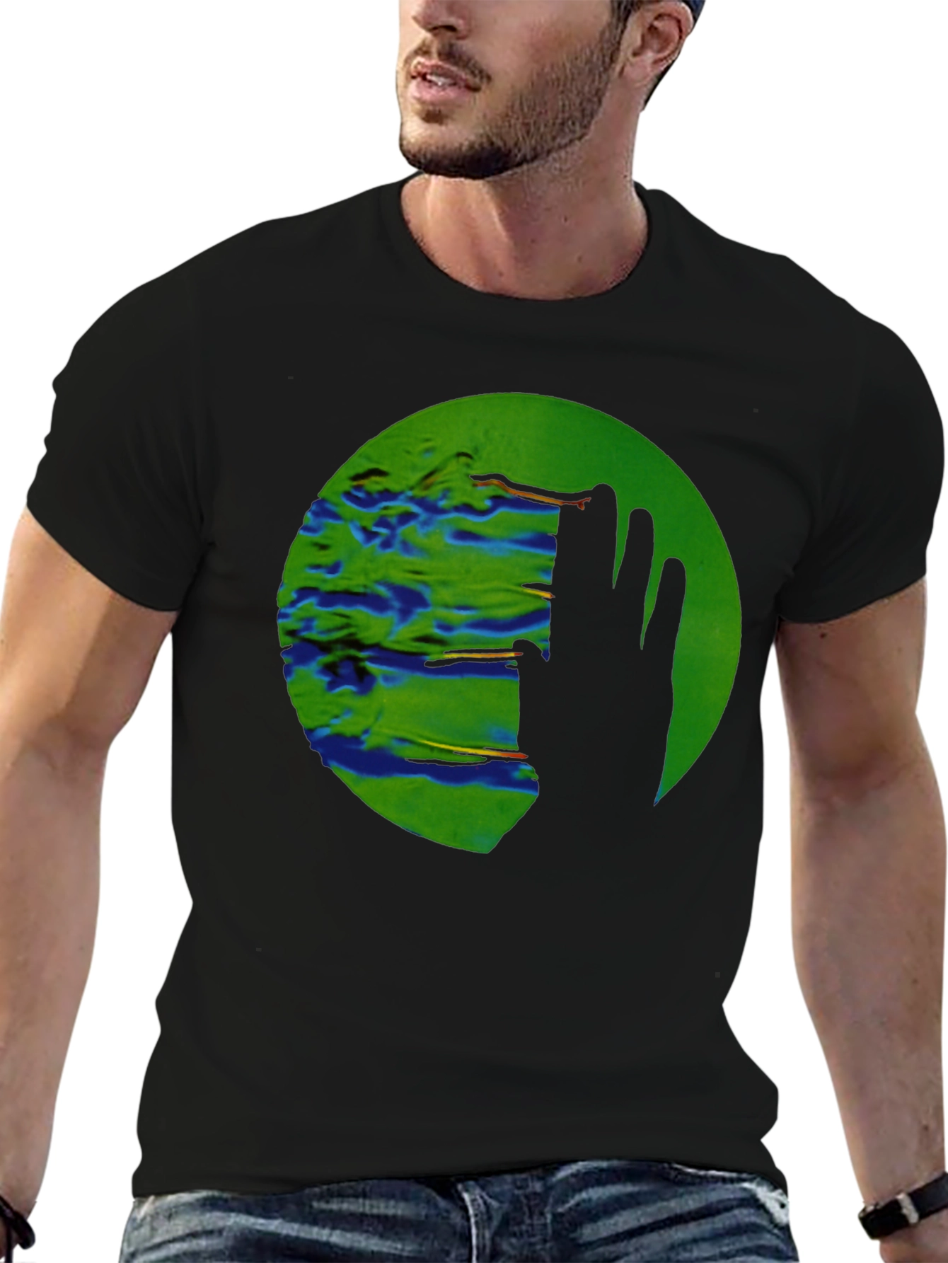 Abstract Green Circle Graphic Print Black T-Shirt