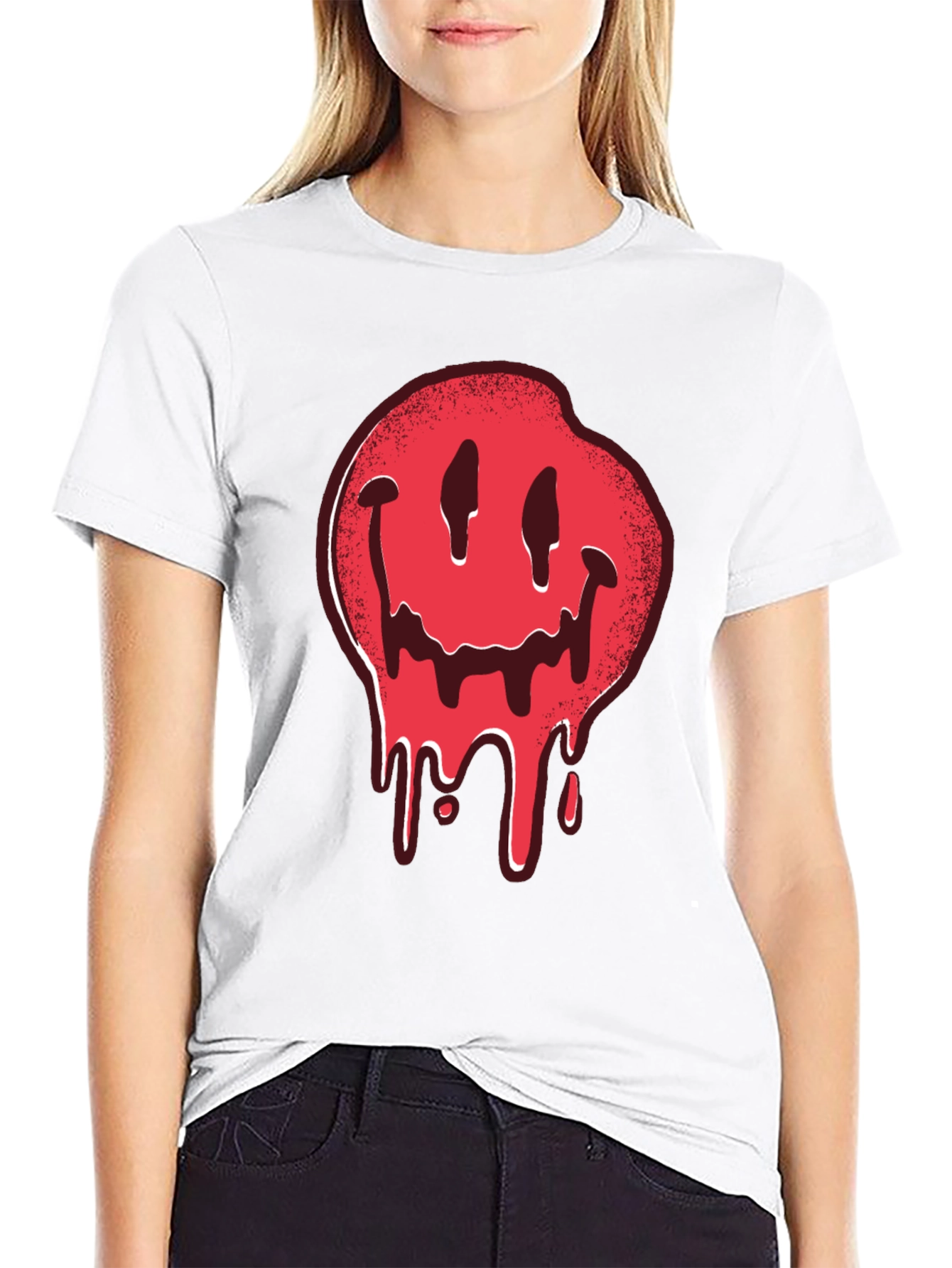 Melting Smiley Face Graphic Tee - Black Cotton T-Shirt