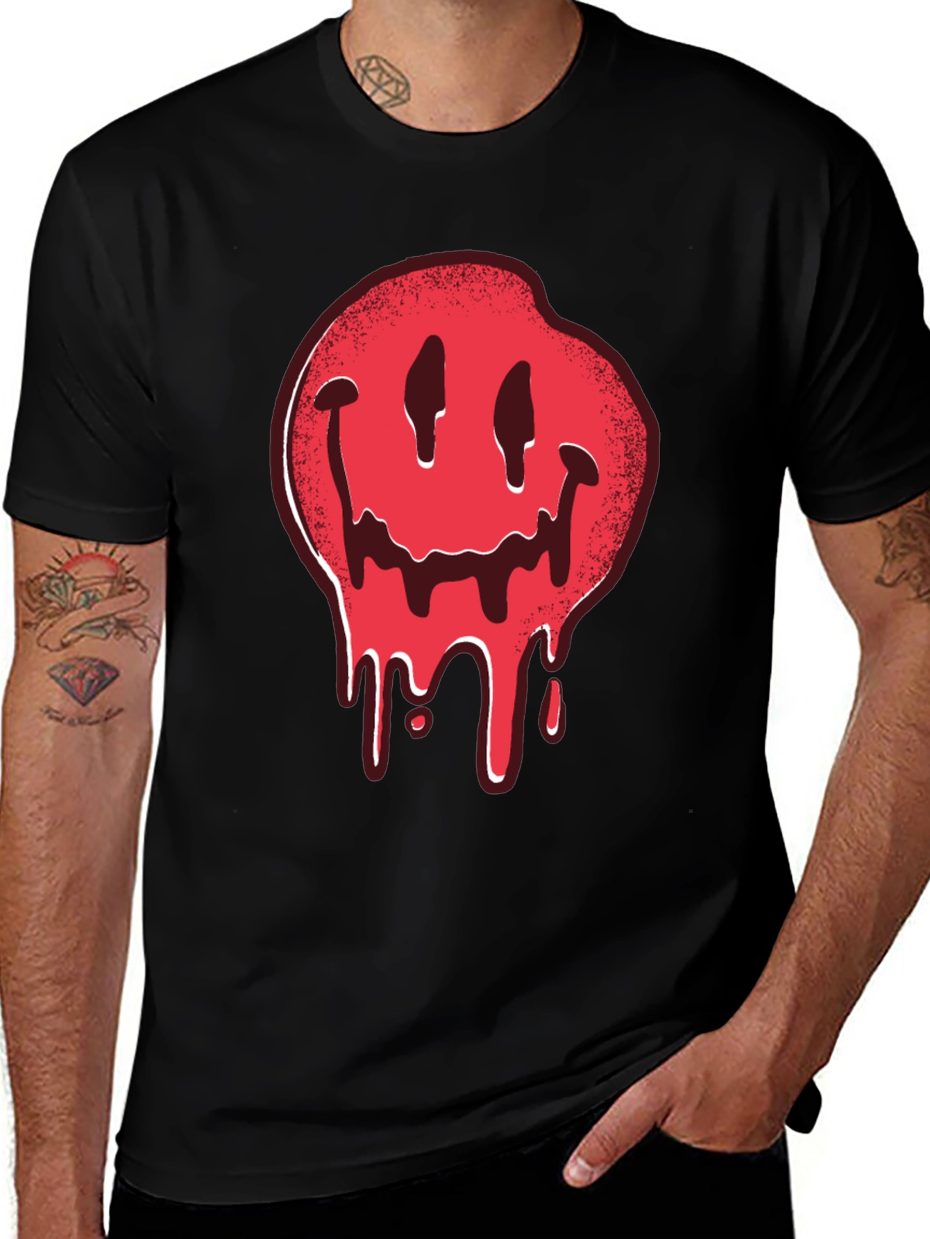 Melting Smiley Face Graphic Tee - Black Cotton T-Shirt