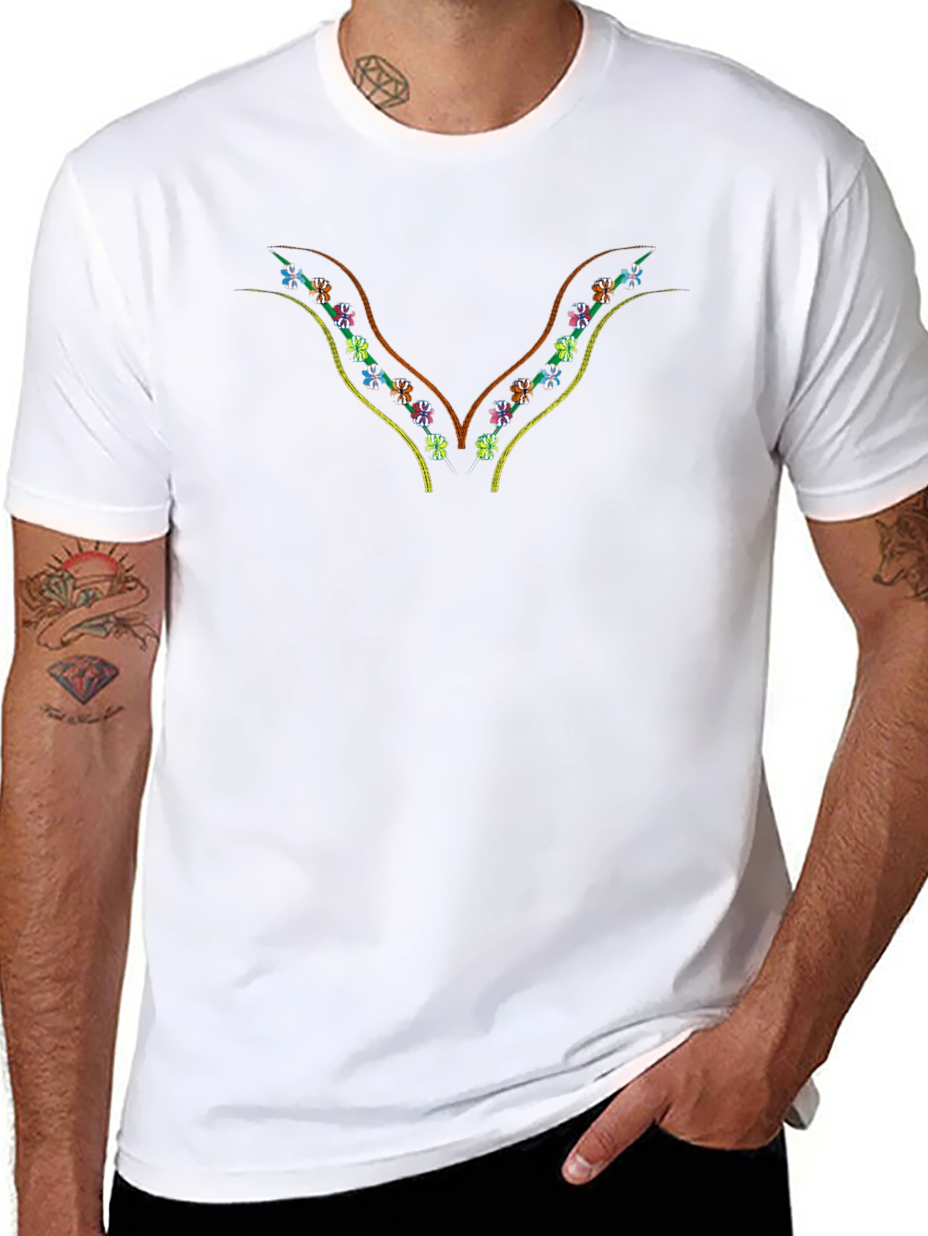Embroidered Floral V-Neck Black T-Shirt