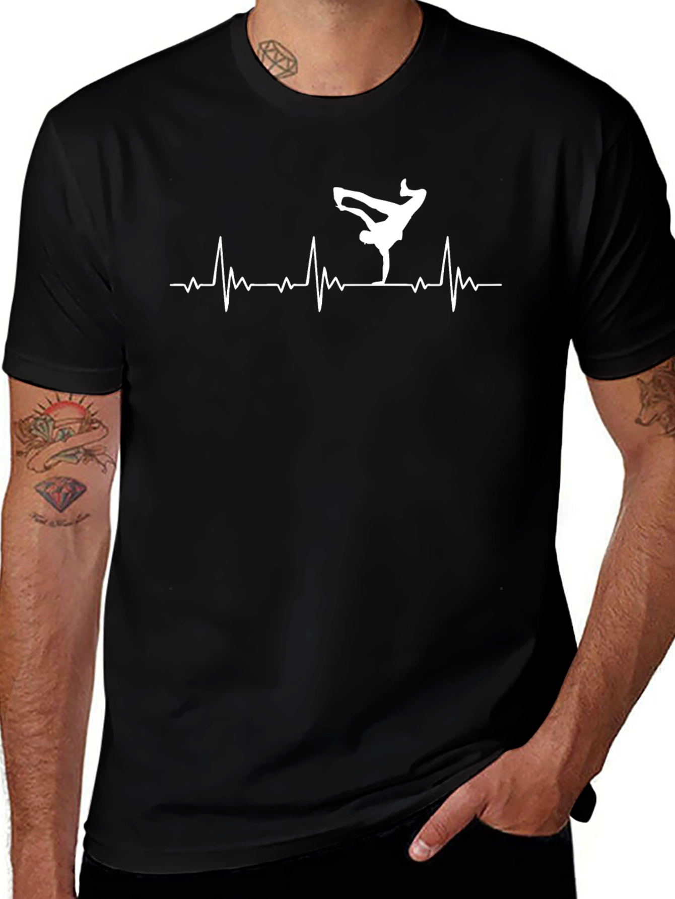 Breakdance Heartbeat Graphic Tee - Black Cotton Casual Shirt