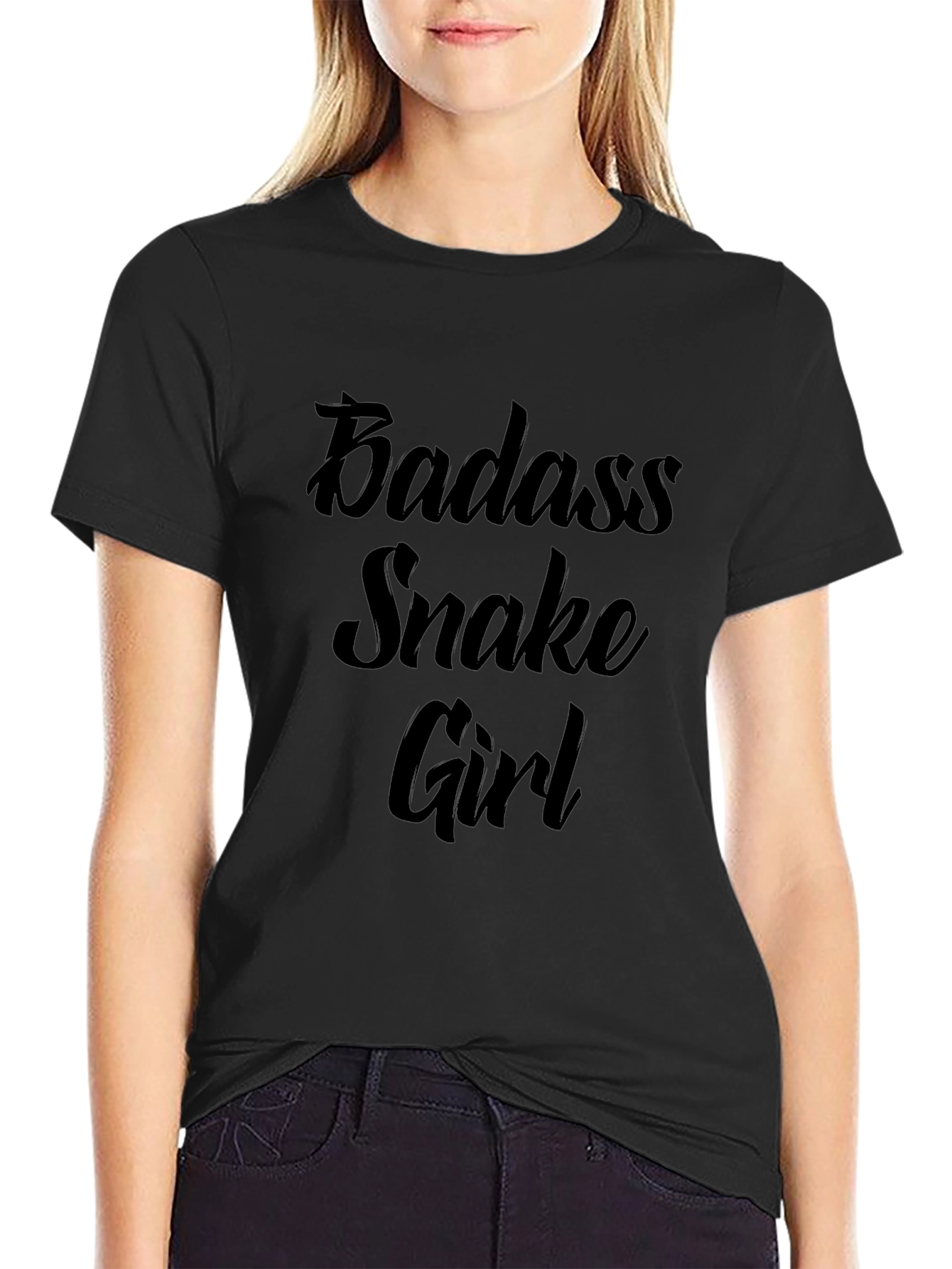 Badass Snake Girl Graphic Print Black T-Shirt