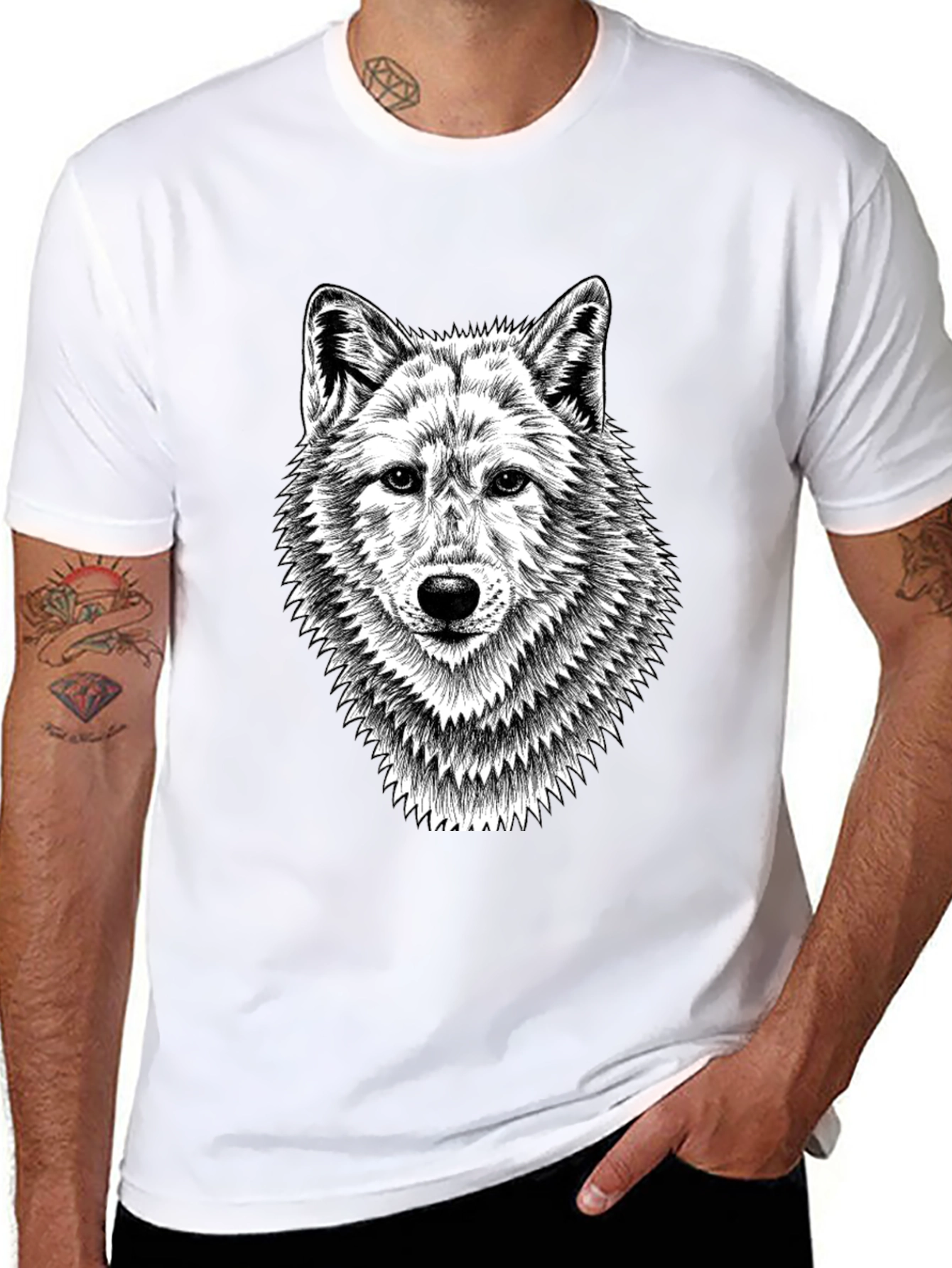 Black T-Shirt with Wolf Graphic Print for Men