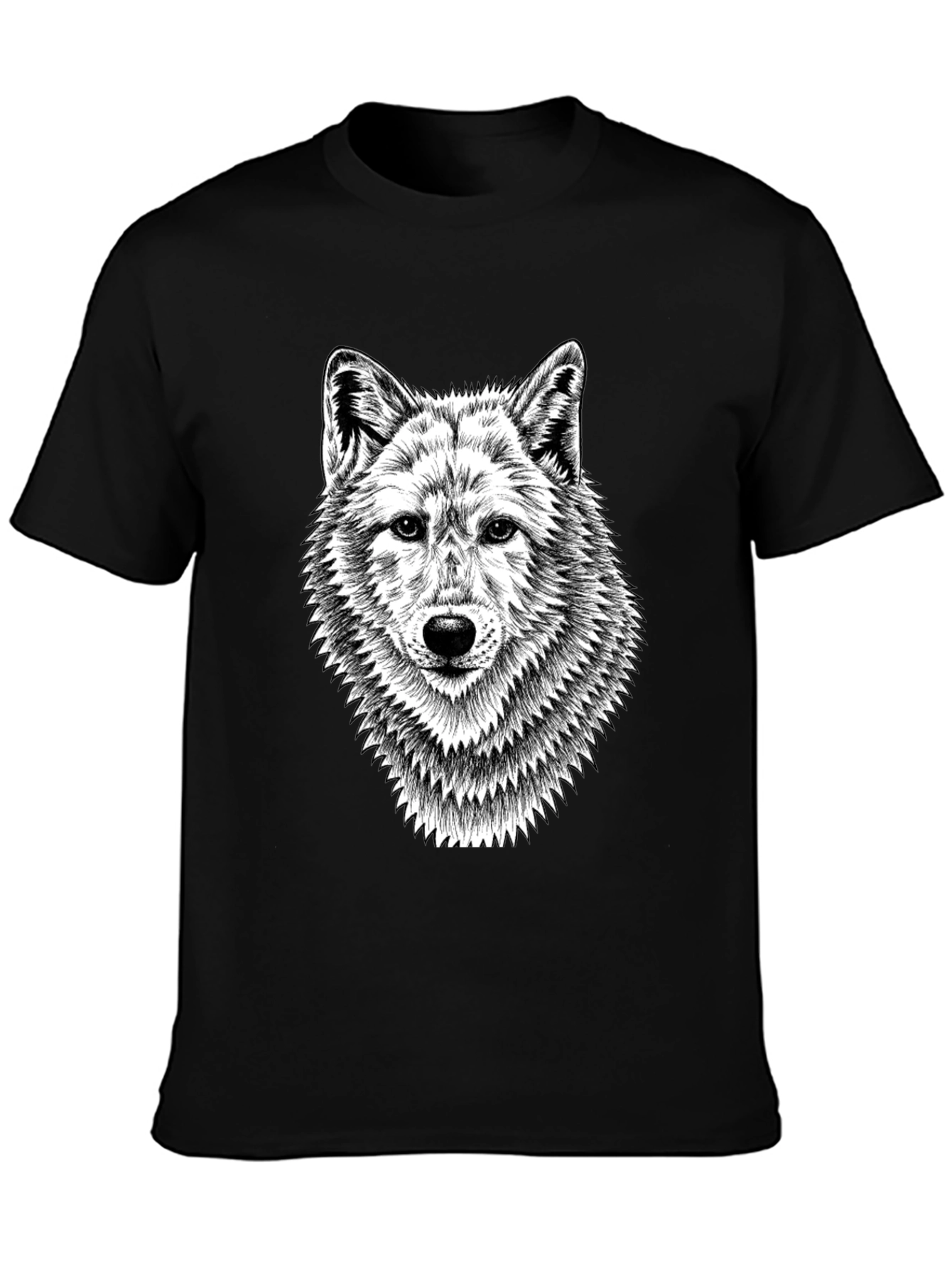 Black T-Shirt with Wolf Graphic Print for Men