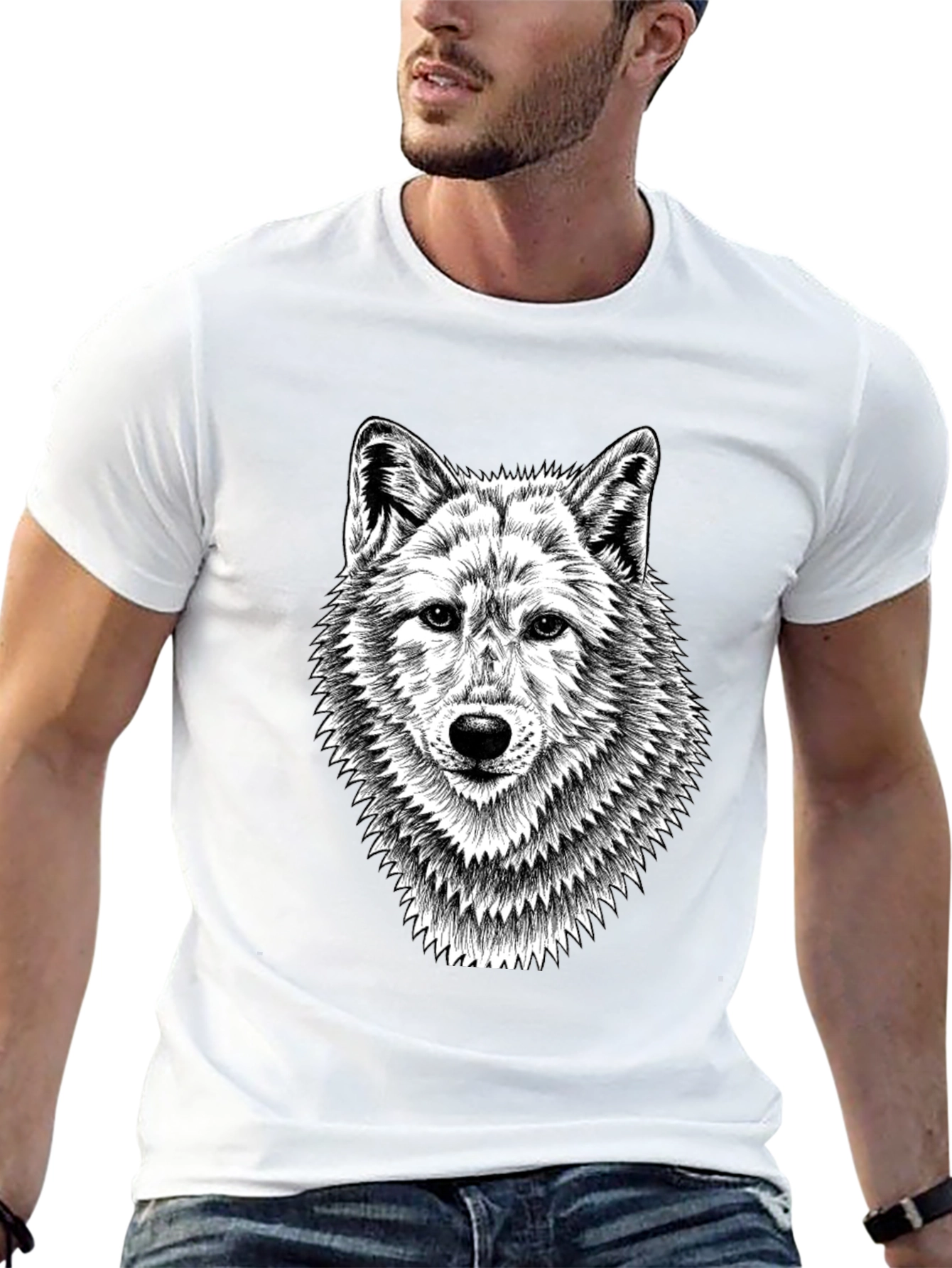 Black T-Shirt with Wolf Graphic Print for Men