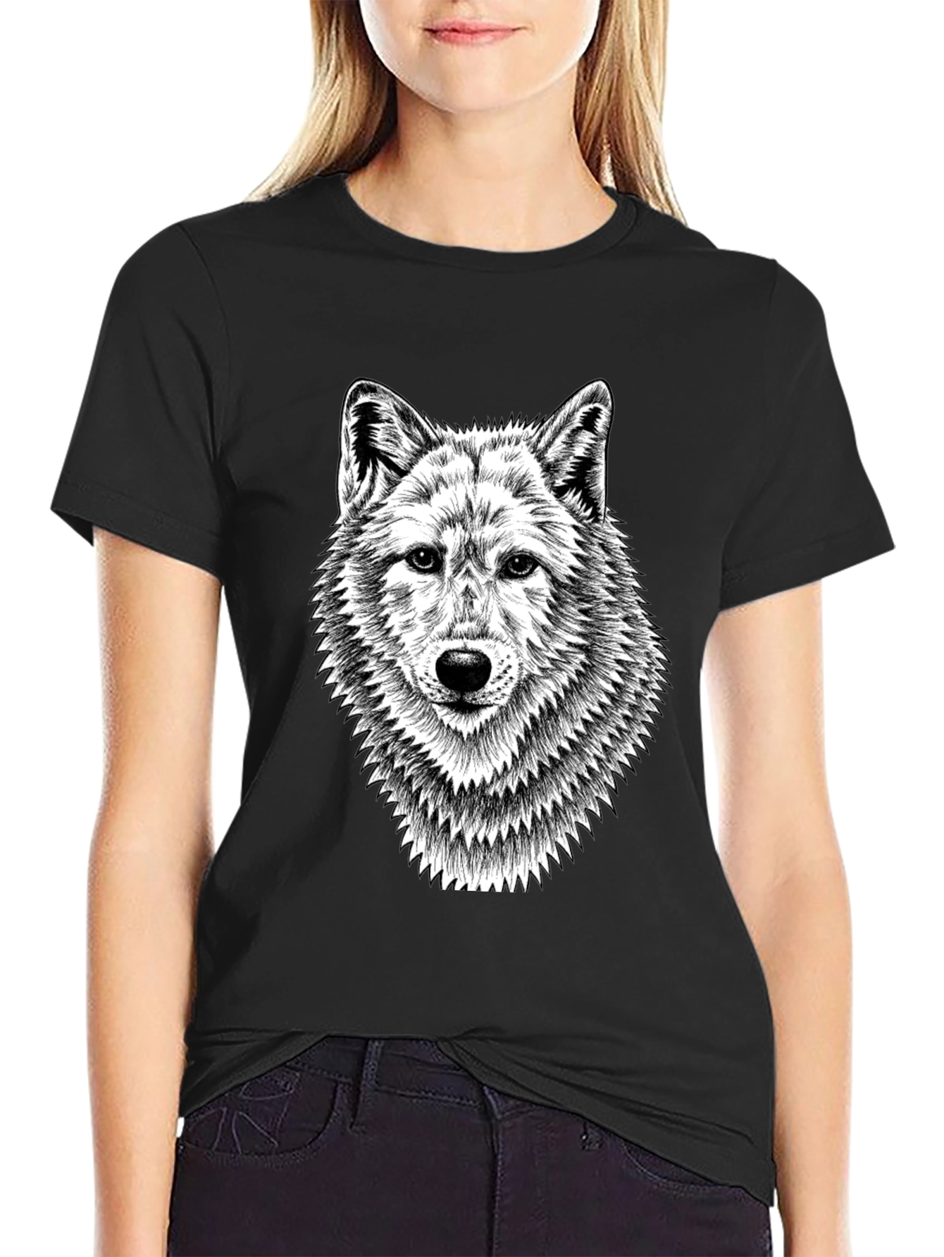 Black T-Shirt with Wolf Graphic Print for Men