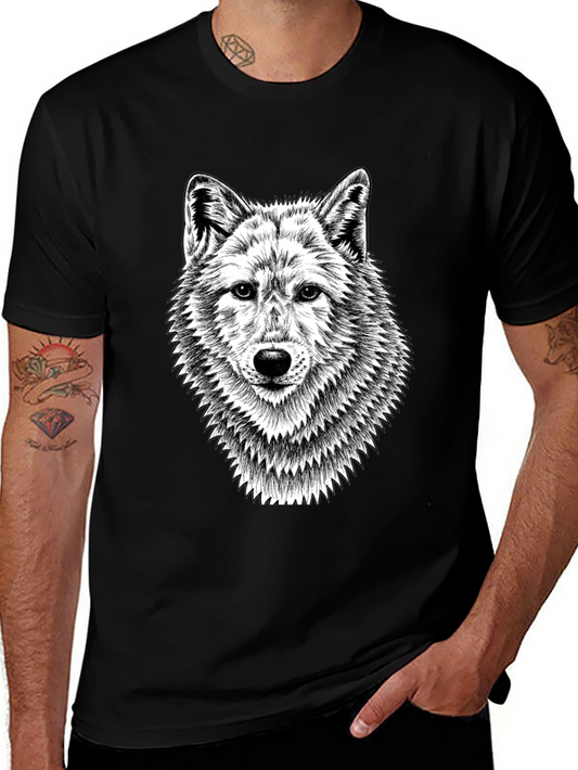 Black T-Shirt with Wolf Graphic Print for Men